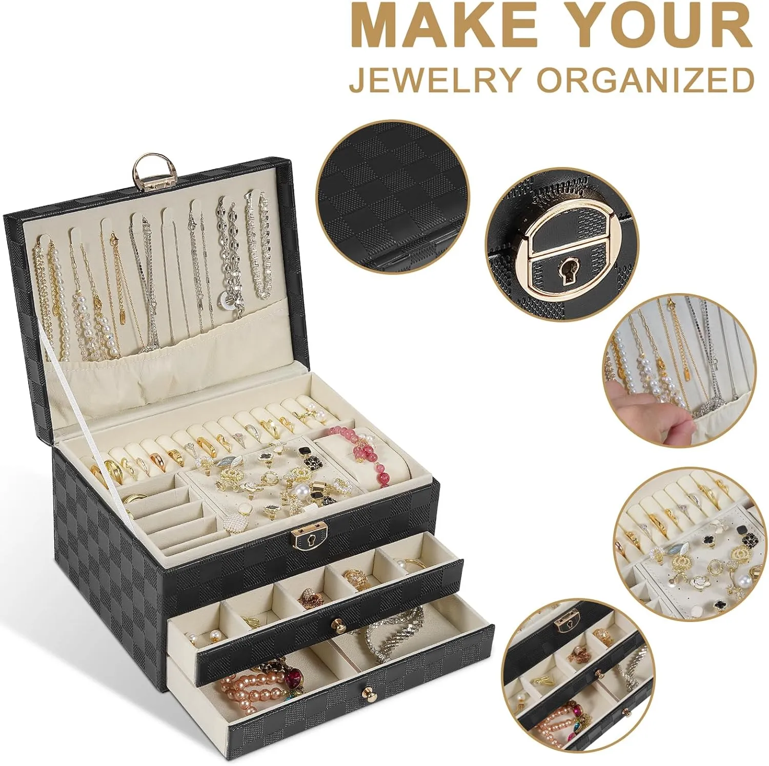 Jewelry Box for Women Girl Wife - Large PU Leather Jewelry Organizer Storage Case with 3 Layers Display for Earrings Bracelets Rings Watches (Checkered Black)