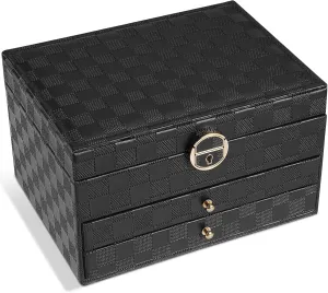 Jewelry Box for Women Girl Wife - Large PU Leather Jewelry Organizer Storage Case with 3 Layers Display for Earrings Bracelets Rings Watches (Checkered Black)