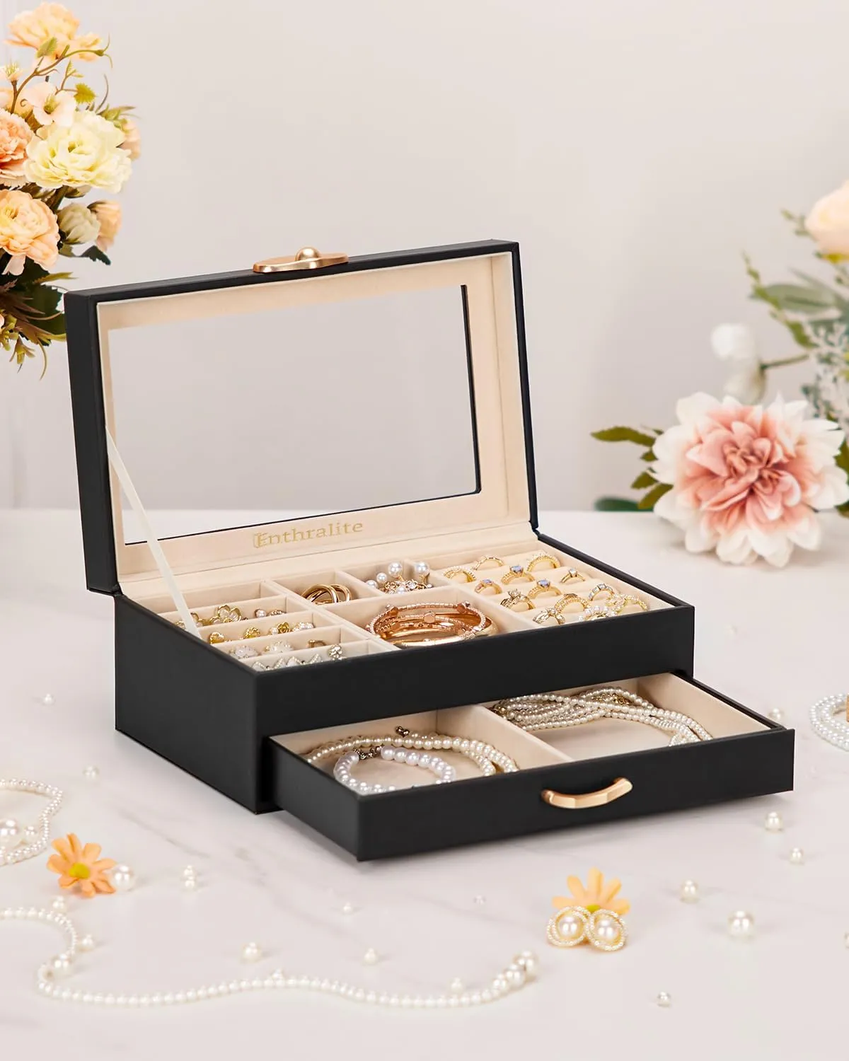 Jewelry Box with 1 Drawers: Display Organizer for Earrings Necklaces - Gift for Girls Women (Black)