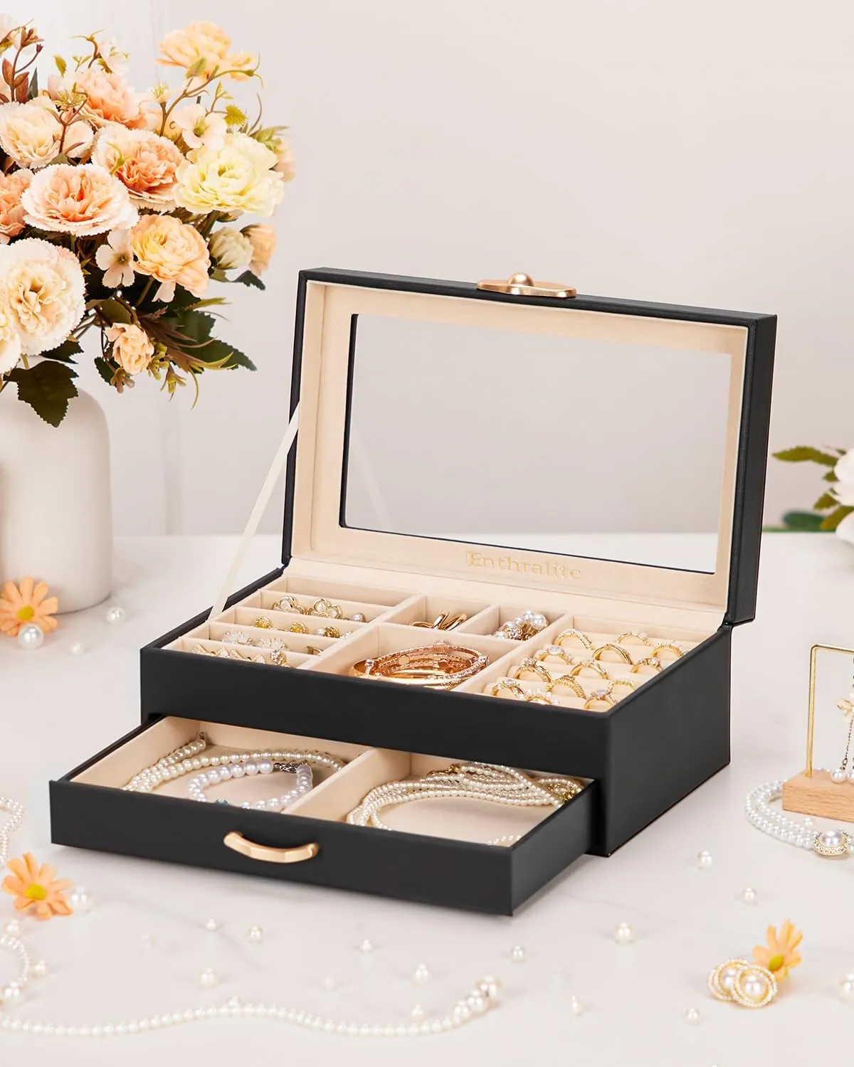 Jewelry Box with 1 Drawers: Display Organizer for Earrings Necklaces - Gift for Girls Women (Black)