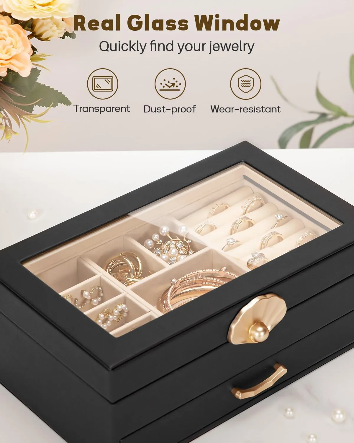 Jewelry Box with 1 Drawers: Display Organizer for Earrings Necklaces - Gift for Girls Women (Black)