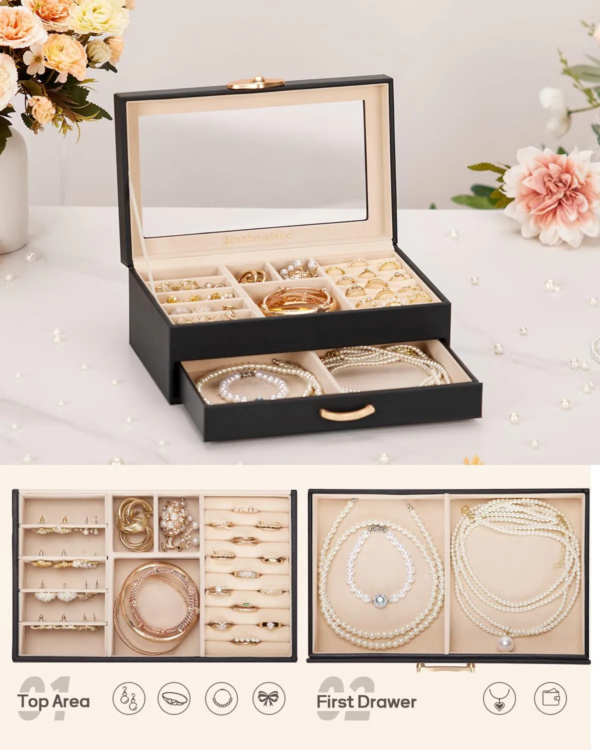 Jewelry Box with 1 Drawers: Display Organizer for Earrings Necklaces - Gift for Girls Women (Black)