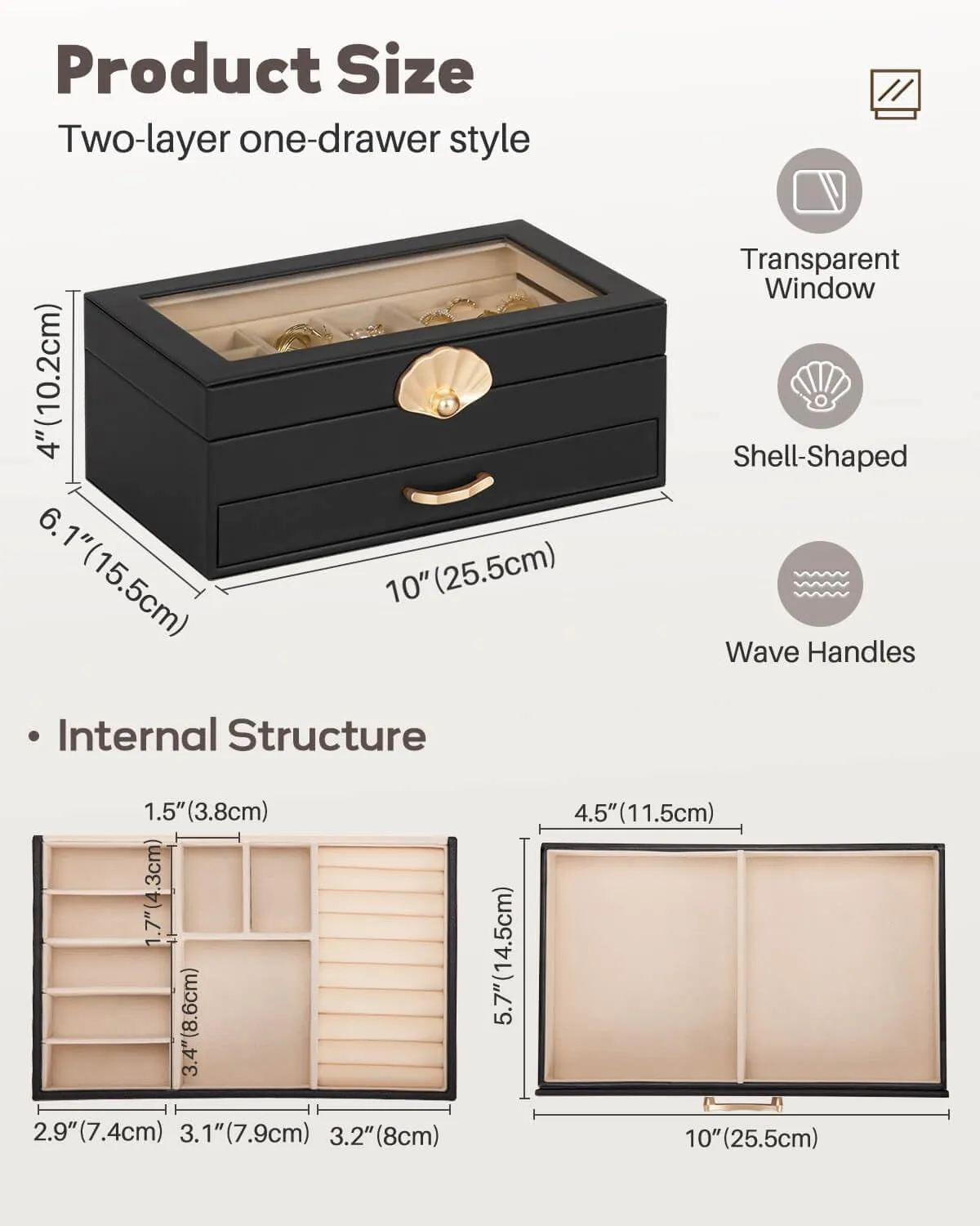 Jewelry Box with 1 Drawers: Display Organizer for Earrings Necklaces - Gift for Girls Women (Black)