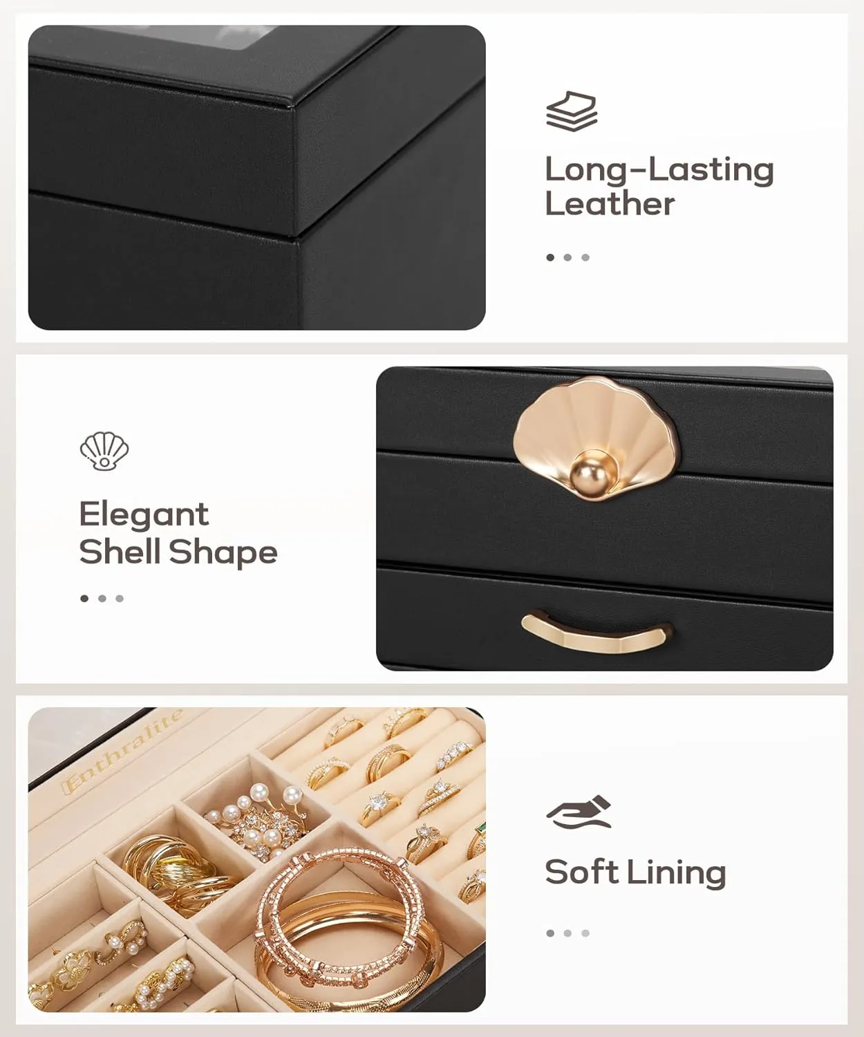 Jewelry Box with 1 Drawers: Display Organizer for Earrings Necklaces - Gift for Girls Women (Black)