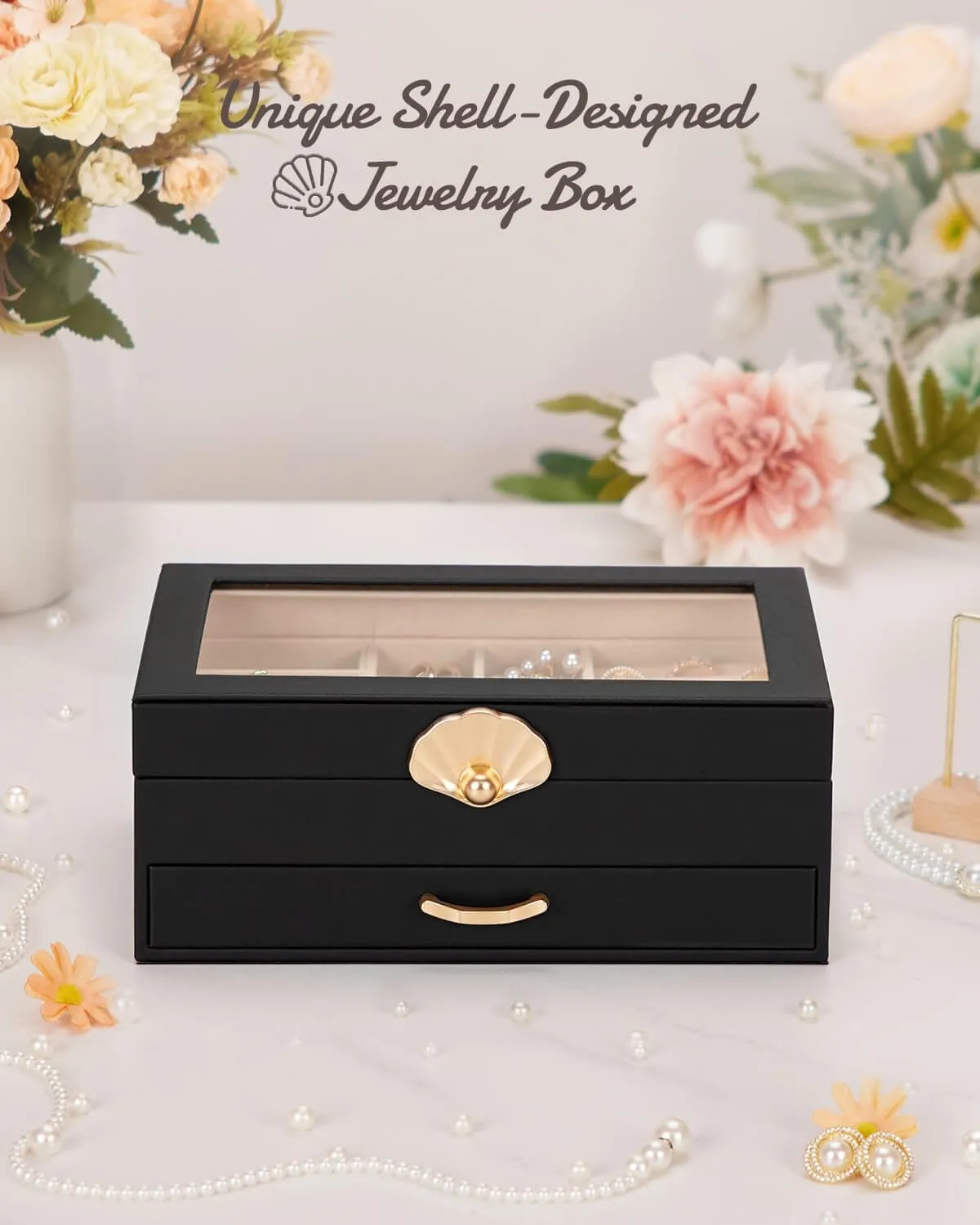 Jewelry Box with 1 Drawers: Display Organizer for Earrings Necklaces - Gift for Girls Women (Black)