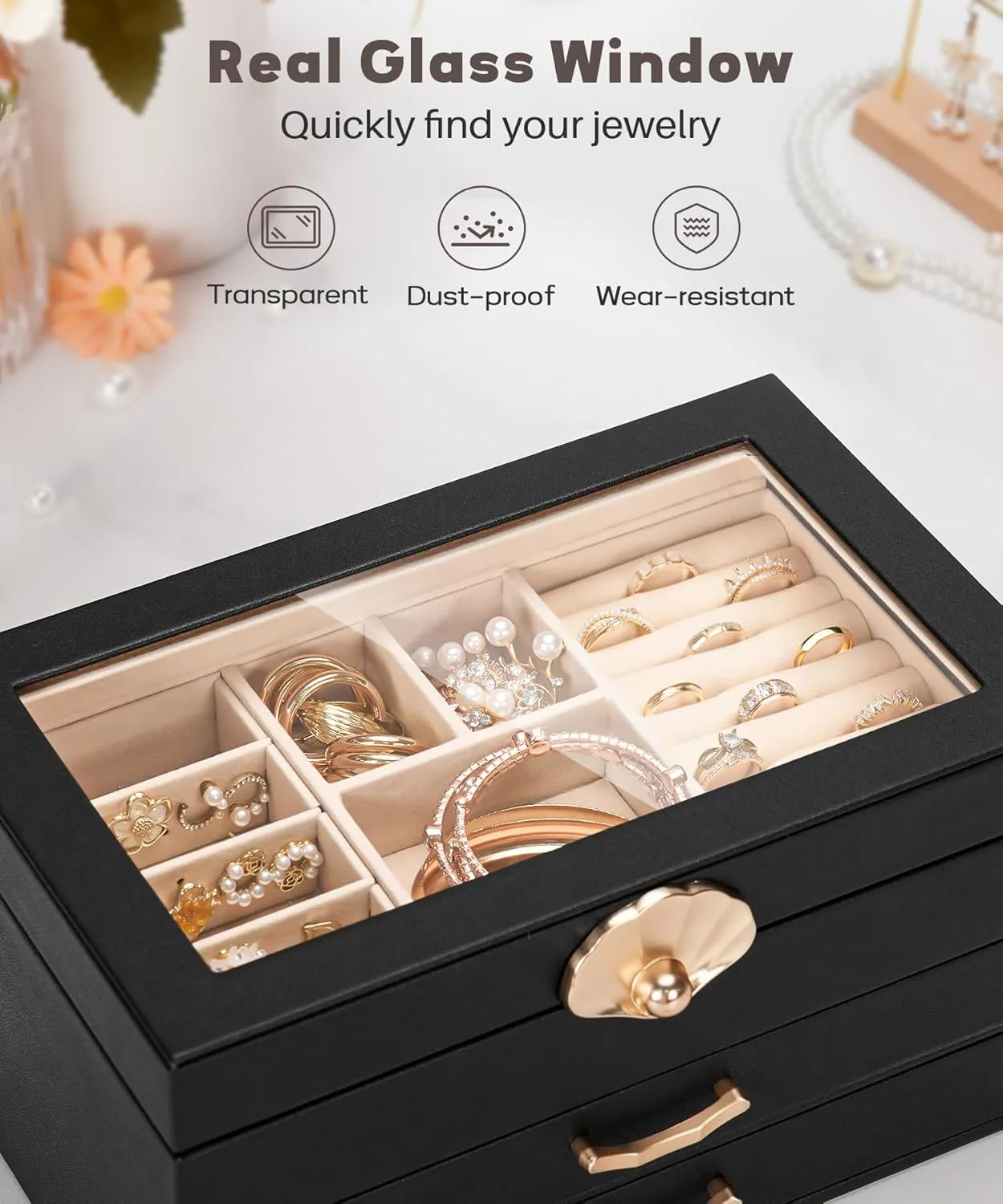 Jewelry Box with 2 Drawers: Display Organizer for Earrings Necklaces - Gift for Girls Women (Black)