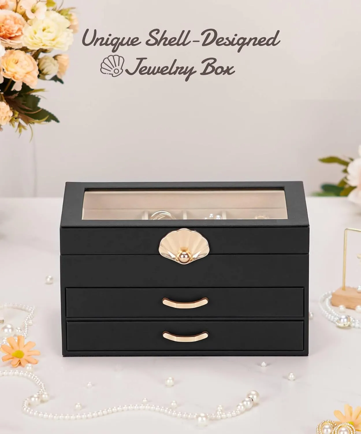 Jewelry Box with 2 Drawers: Display Organizer for Earrings Necklaces - Gift for Girls Women (Black)