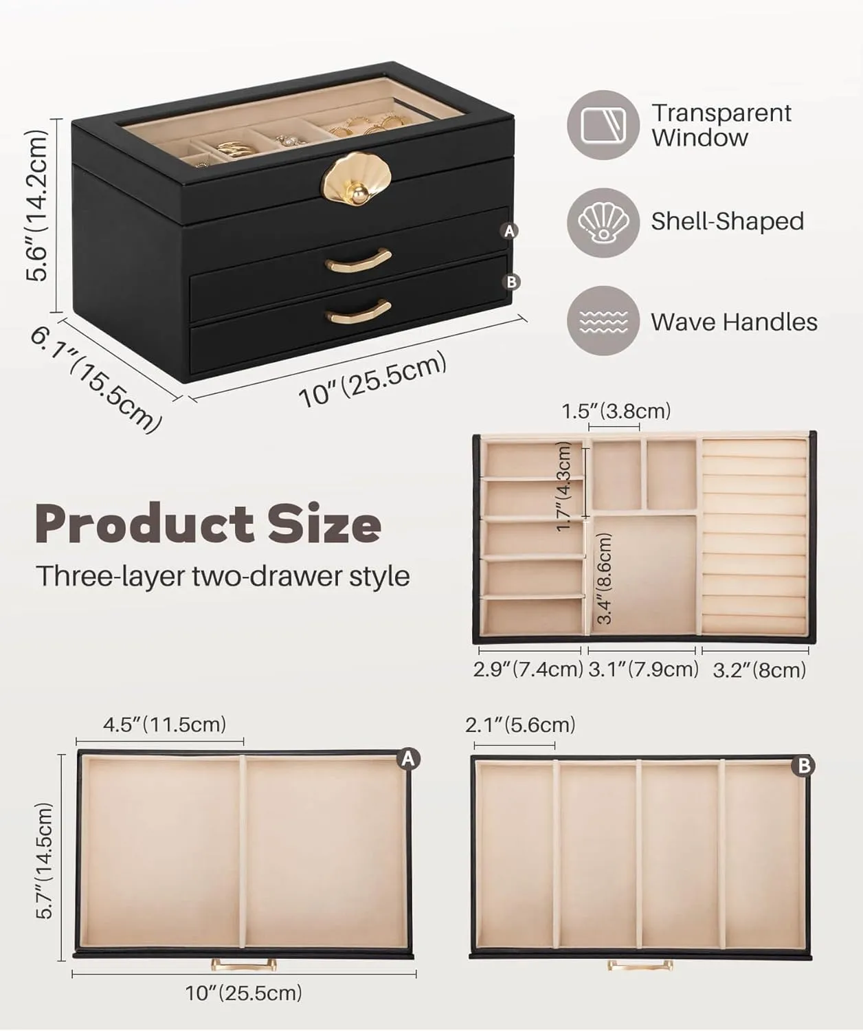 Jewelry Box with 2 Drawers: Display Organizer for Earrings Necklaces - Gift for Girls Women (Black)