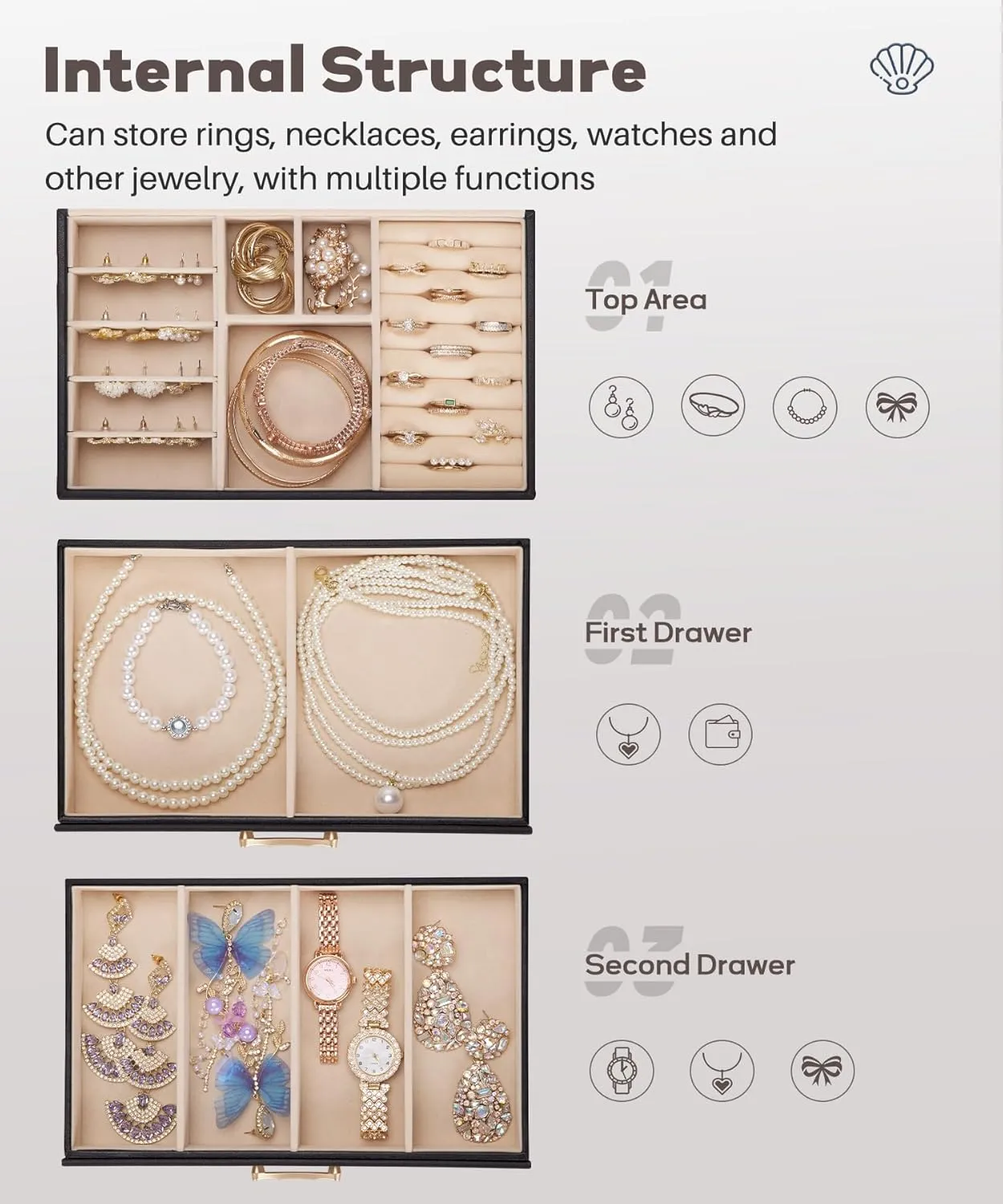 Jewelry Box with 2 Drawers: Display Organizer for Earrings Necklaces - Gift for Girls Women (Black)