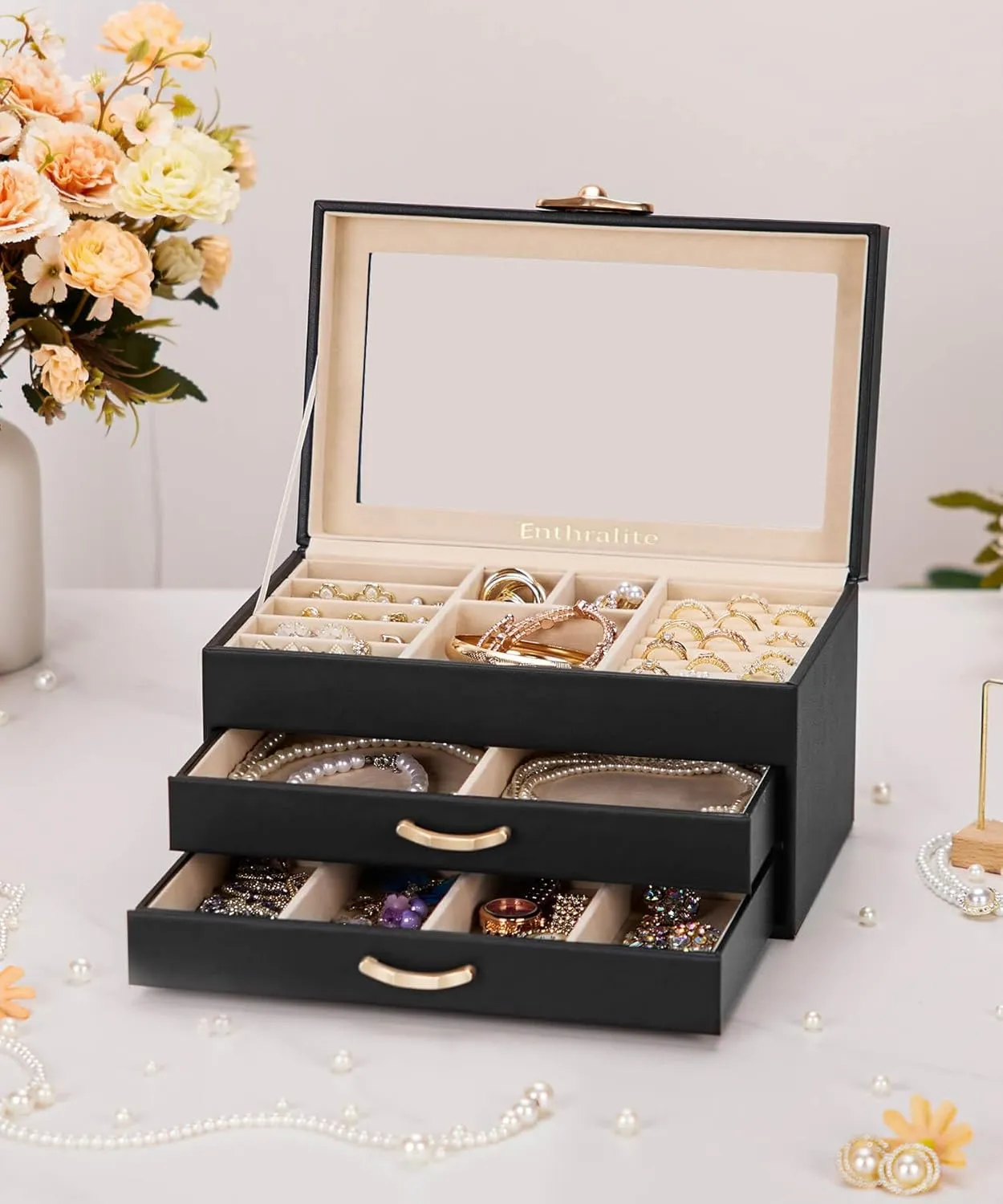 Jewelry Box with 2 Drawers: Display Organizer for Earrings Necklaces - Gift for Girls Women (Black)