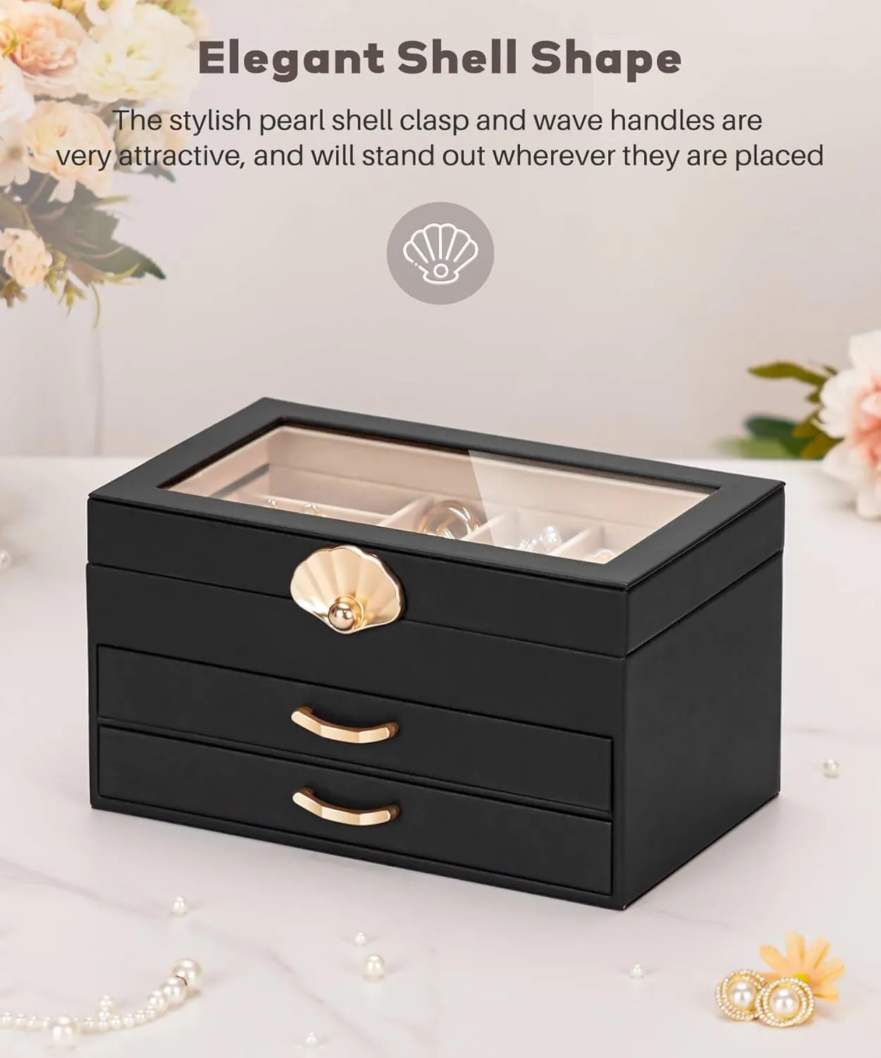 Jewelry Box with 2 Drawers: Display Organizer for Earrings Necklaces - Gift for Girls Women (Black)