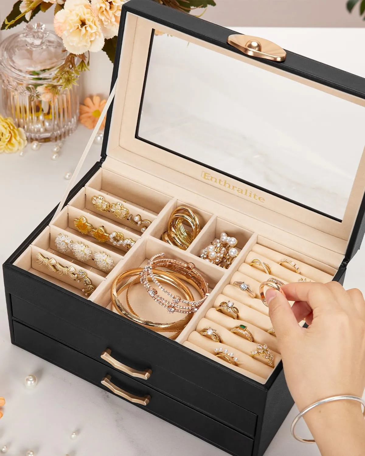Jewelry Box with 2 Drawers: Display Organizer for Earrings Necklaces - Gift for Girls Women (Black)