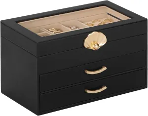 Jewelry Box with 2 Drawers: Display Organizer for Earrings Necklaces - Gift for Girls Women (Black)