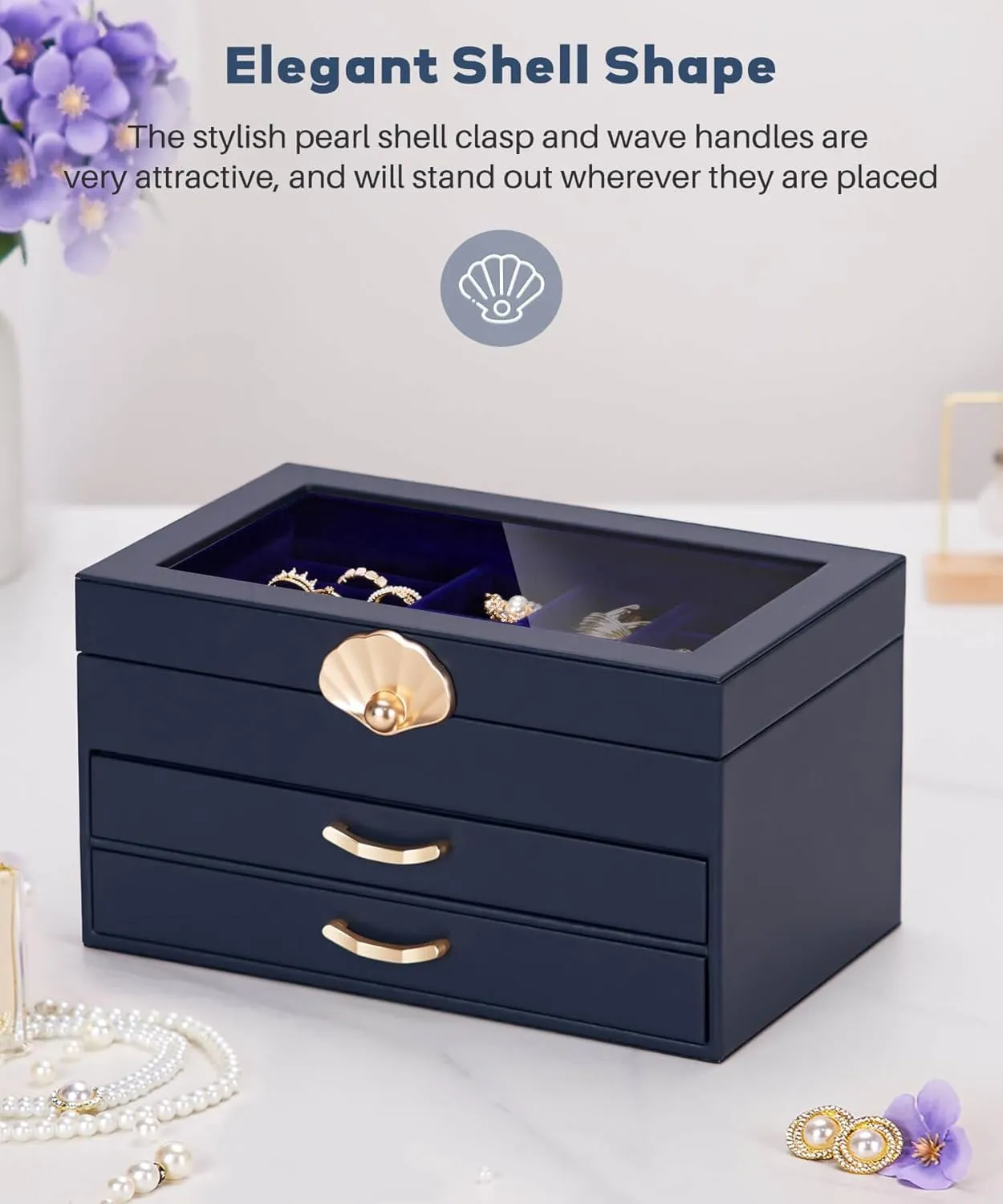 Jewelry Box with 2 Drawers: Display Organizer for Earrings Necklaces - Gift for Girls Women (Dark Blue)