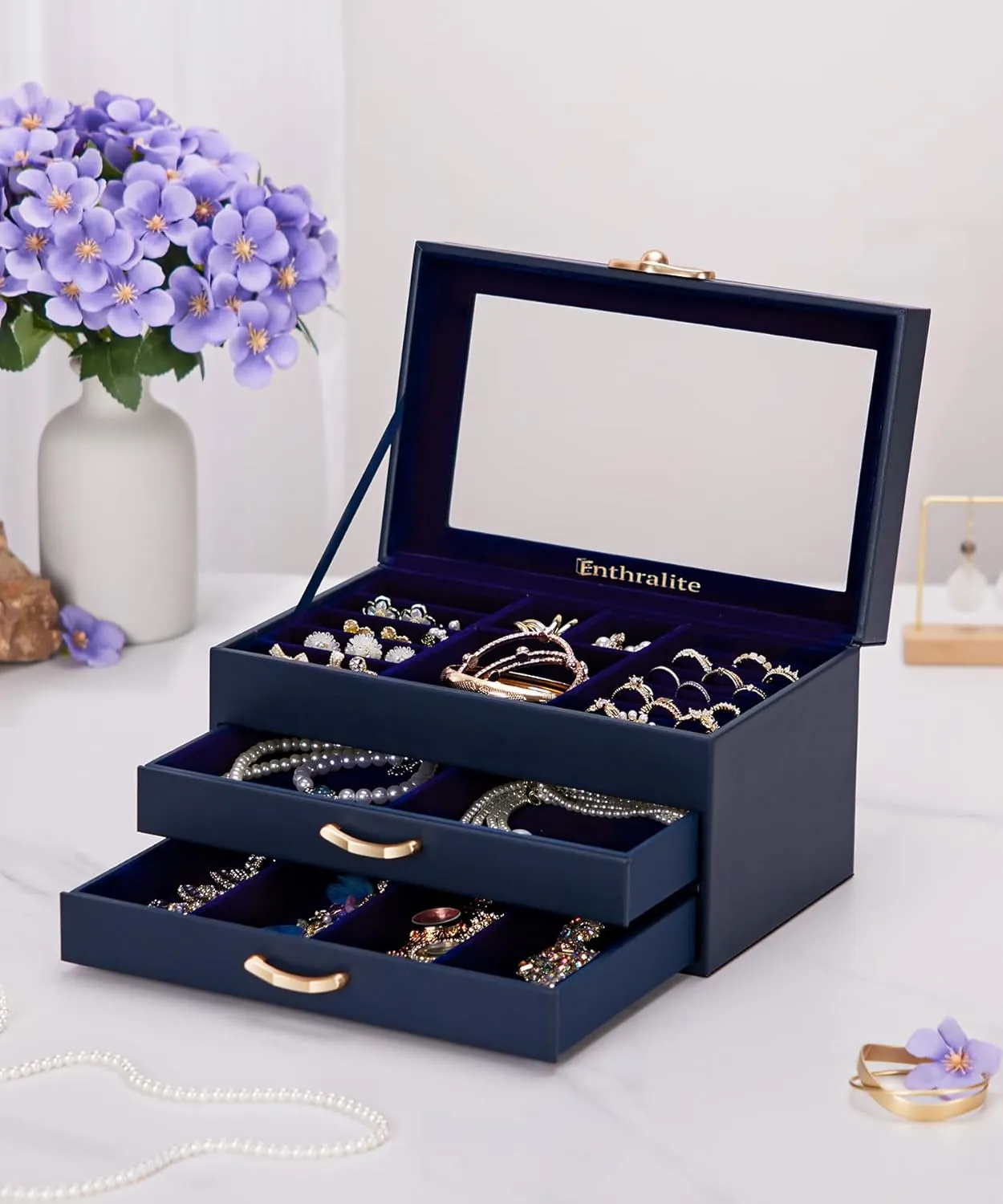 Jewelry Box with 2 Drawers: Display Organizer for Earrings Necklaces - Gift for Girls Women (Dark Blue)