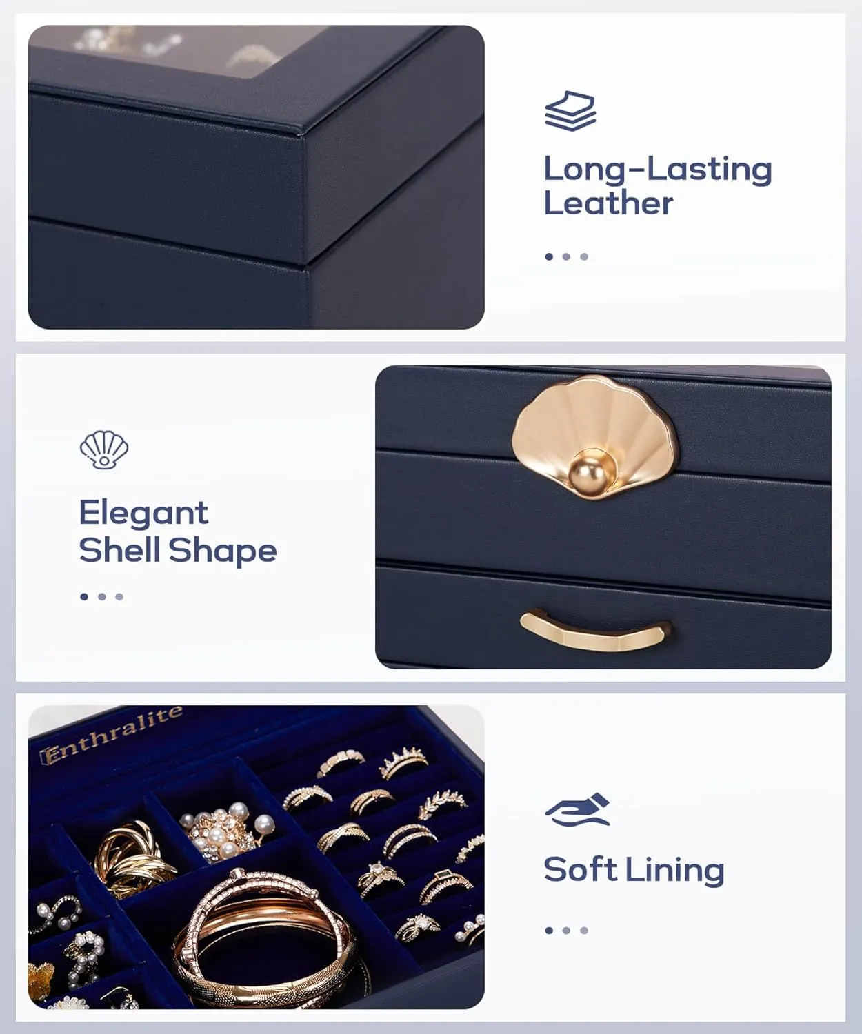 Jewelry Box with 2 Drawers: Display Organizer for Earrings Necklaces - Gift for Girls Women (Dark Blue)