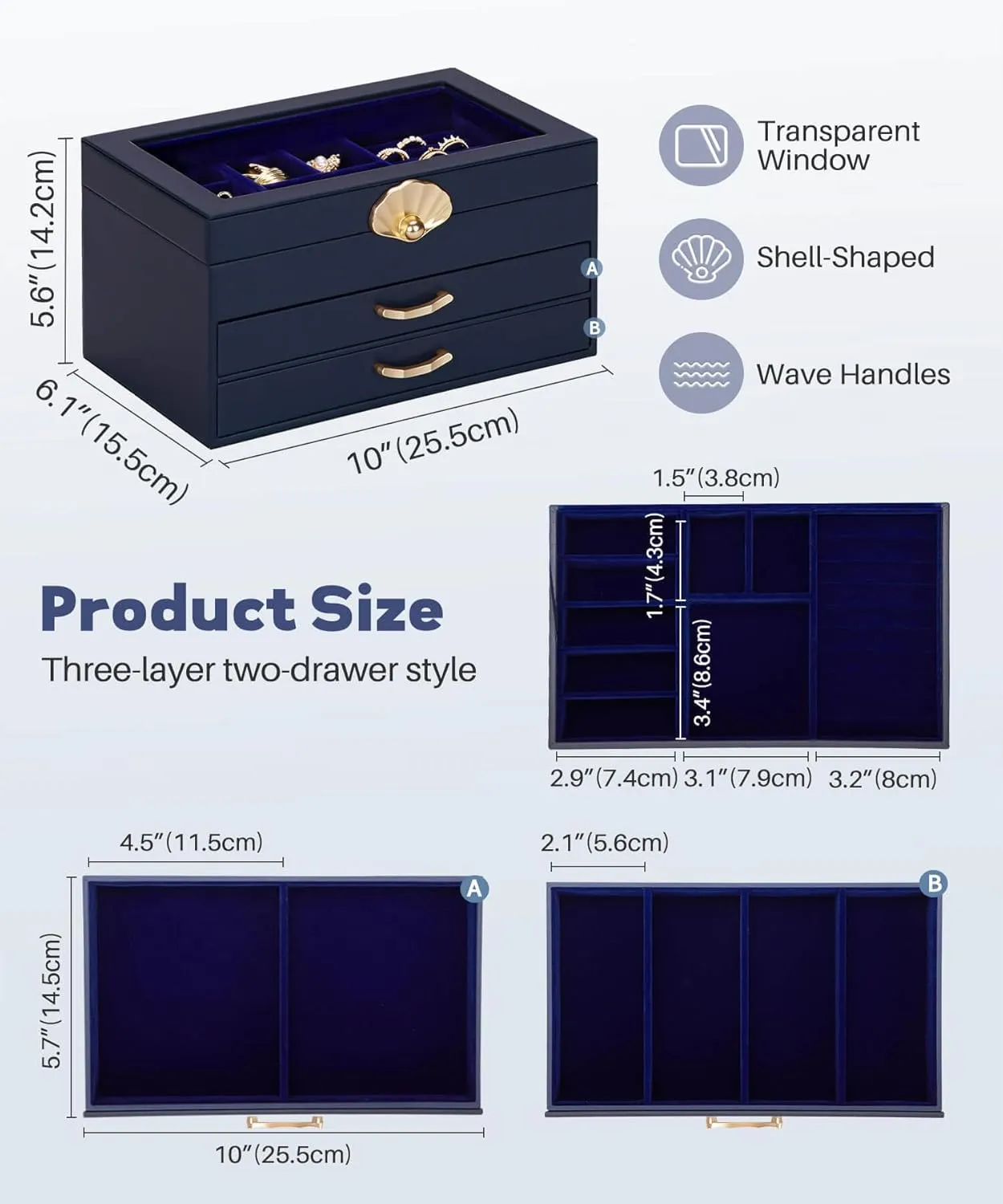 Jewelry Box with 2 Drawers: Display Organizer for Earrings Necklaces - Gift for Girls Women (Dark Blue)