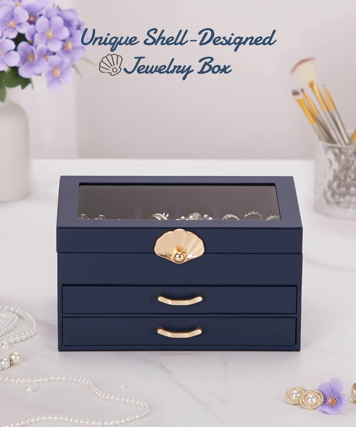 Jewelry Box with 2 Drawers: Display Organizer for Earrings Necklaces - Gift for Girls Women (Dark Blue)