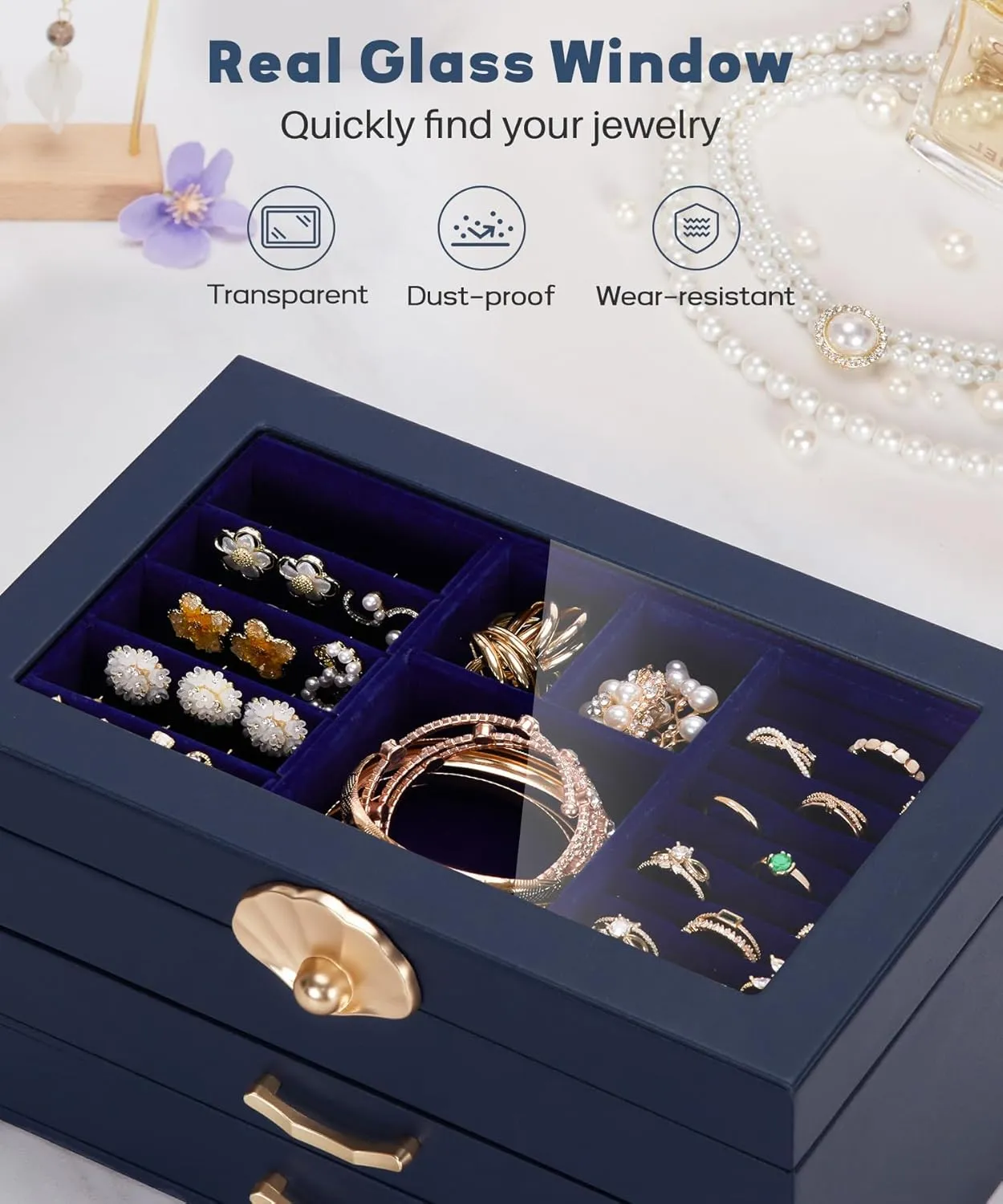 Jewelry Box with 2 Drawers: Display Organizer for Earrings Necklaces - Gift for Girls Women (Dark Blue)
