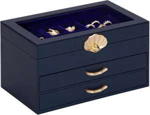 Jewelry Box with 2 Drawers: Display Organizer for Earrings Necklaces - Gift for Girls Women (Dark Blue)