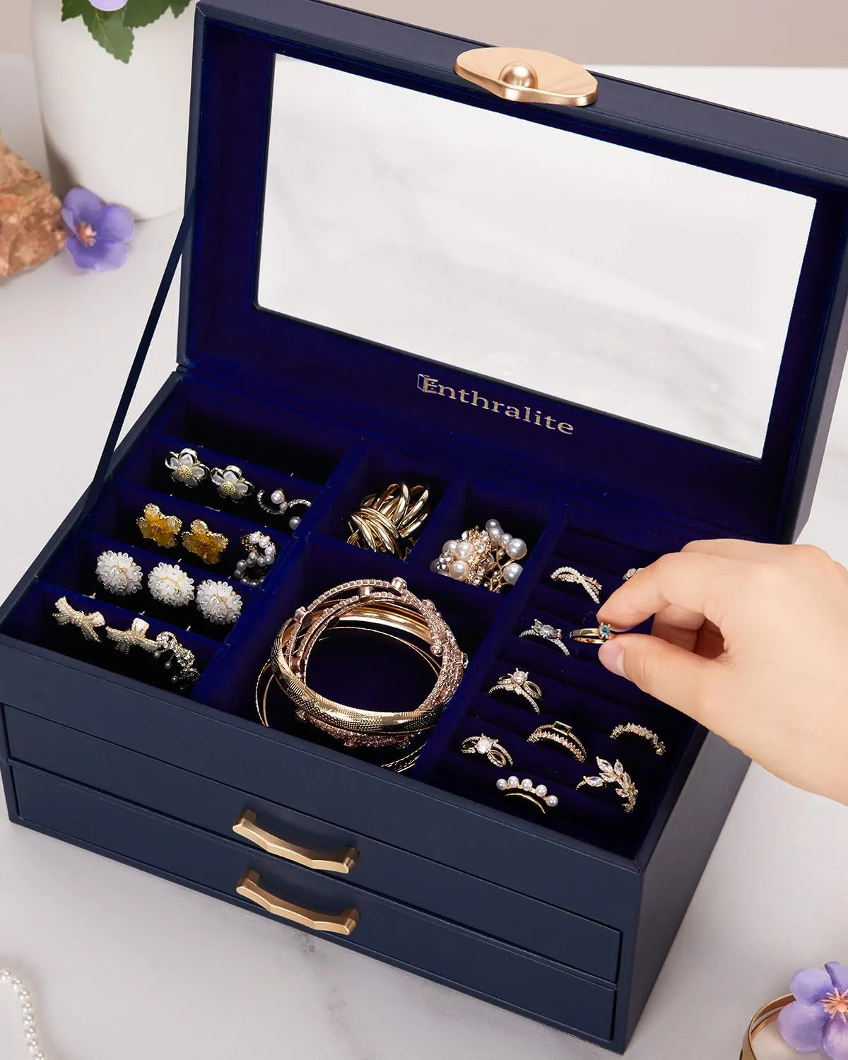 Jewelry Box with 2 Drawers: Display Organizer for Earrings Necklaces - Gift for Girls Women (Dark Blue)