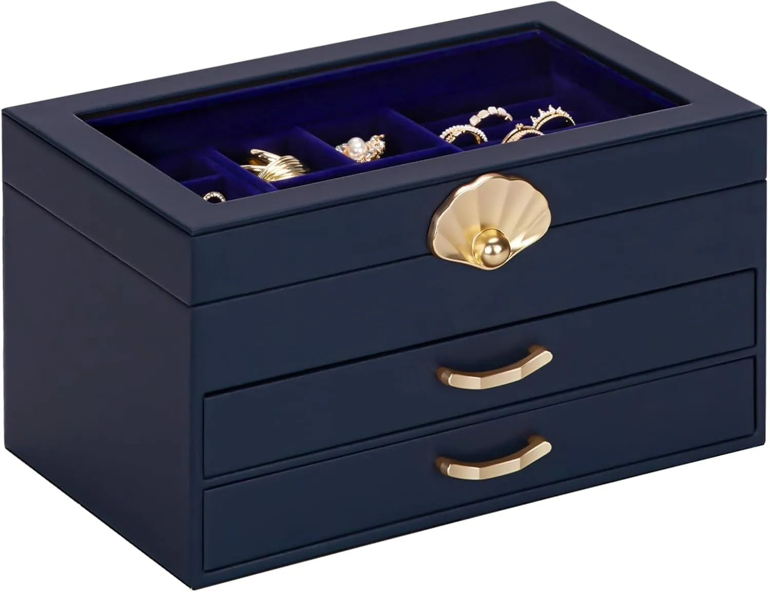 Jewelry Box with 2 Drawers: Display Organizer for Earrings Necklaces - Gift for Girls Women (Dark Blue)