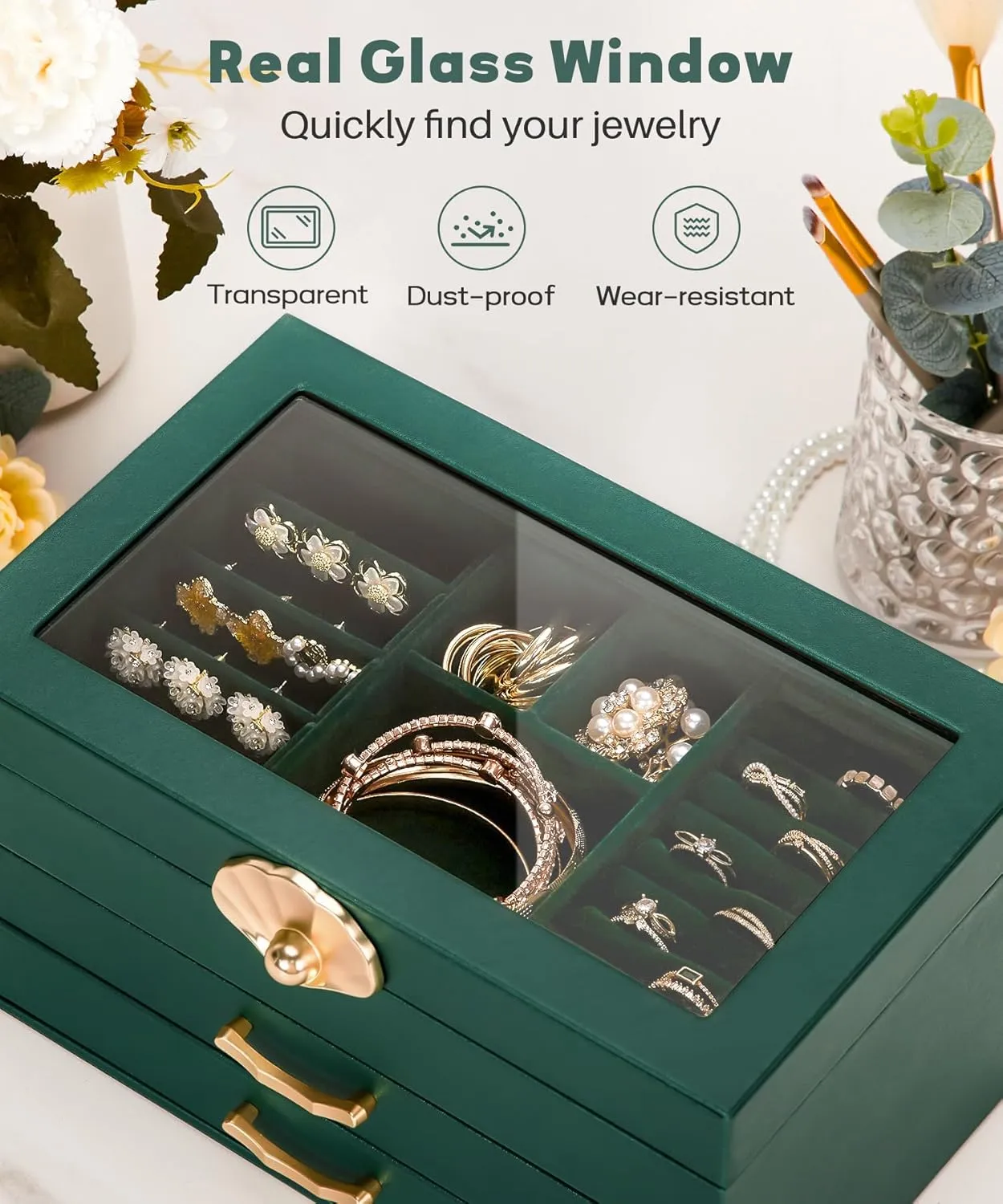 Jewelry Box with 2 Drawers: Display Organizer for Earrings Necklaces - Gift for Girls Women (Forest Green)