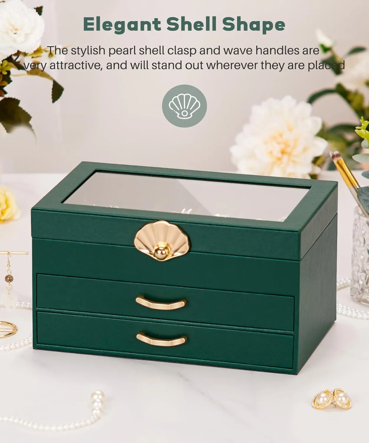 Jewelry Box with 2 Drawers: Display Organizer for Earrings Necklaces - Gift for Girls Women (Forest Green)