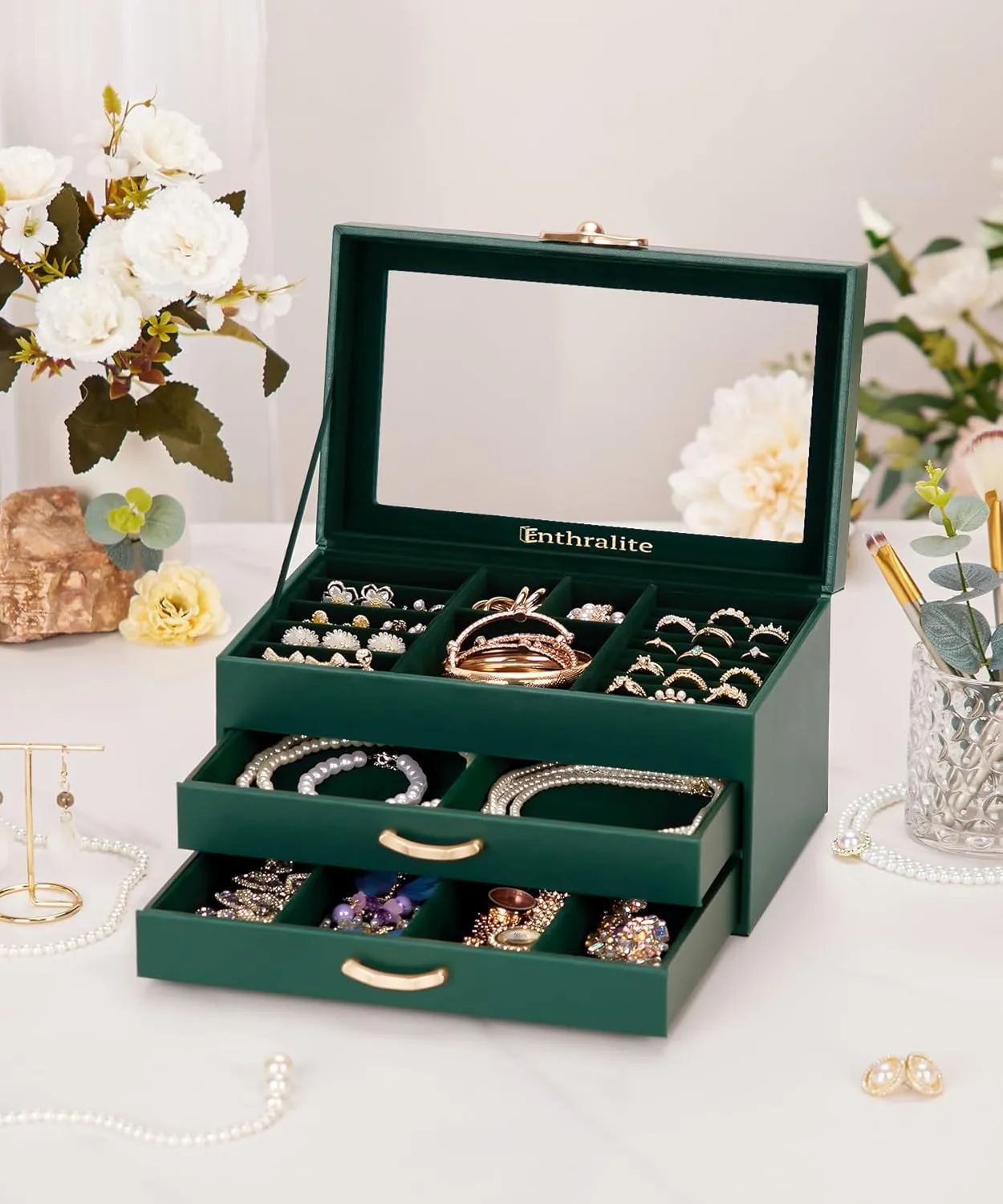 Jewelry Box with 2 Drawers: Display Organizer for Earrings Necklaces - Gift for Girls Women (Forest Green)
