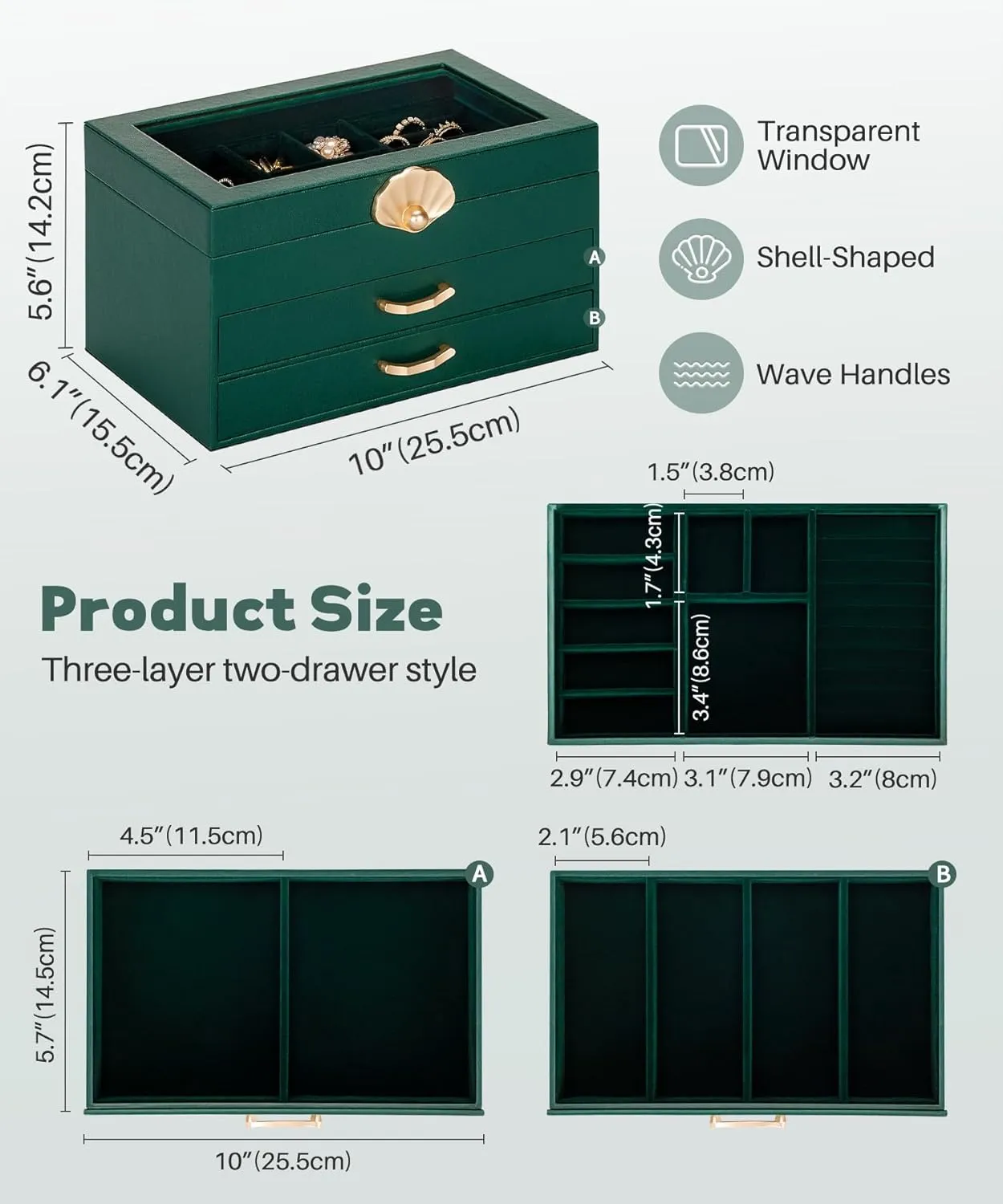 Jewelry Box with 2 Drawers: Display Organizer for Earrings Necklaces - Gift for Girls Women (Forest Green)