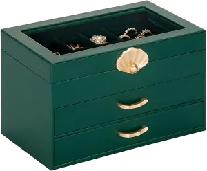 Jewelry Box with 2 Drawers: Display Organizer for Earrings Necklaces - Gift for Girls Women (Forest Green)