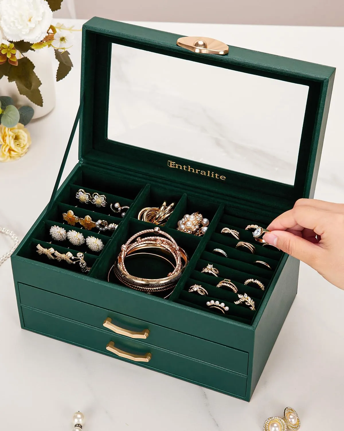 Jewelry Box with 2 Drawers: Display Organizer for Earrings Necklaces - Gift for Girls Women (Forest Green)