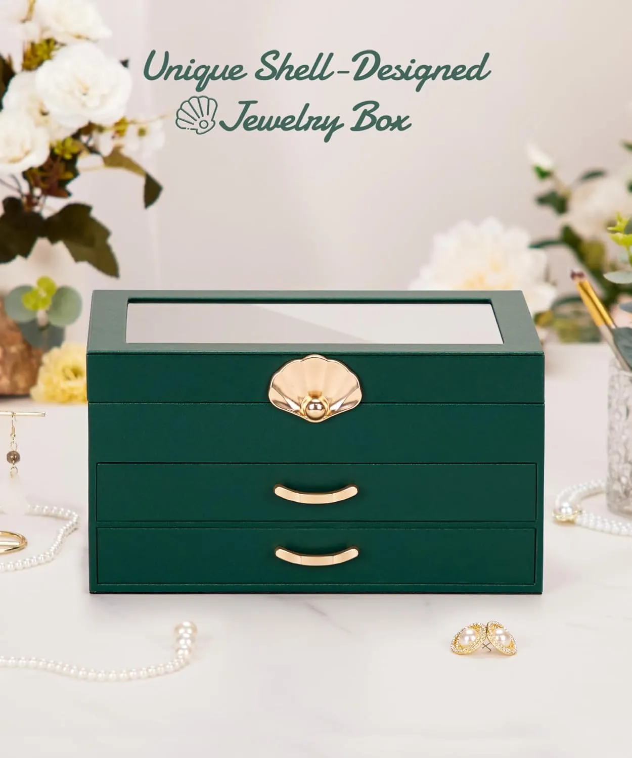 Jewelry Box with 2 Drawers: Display Organizer for Earrings Necklaces - Gift for Girls Women (Forest Green)