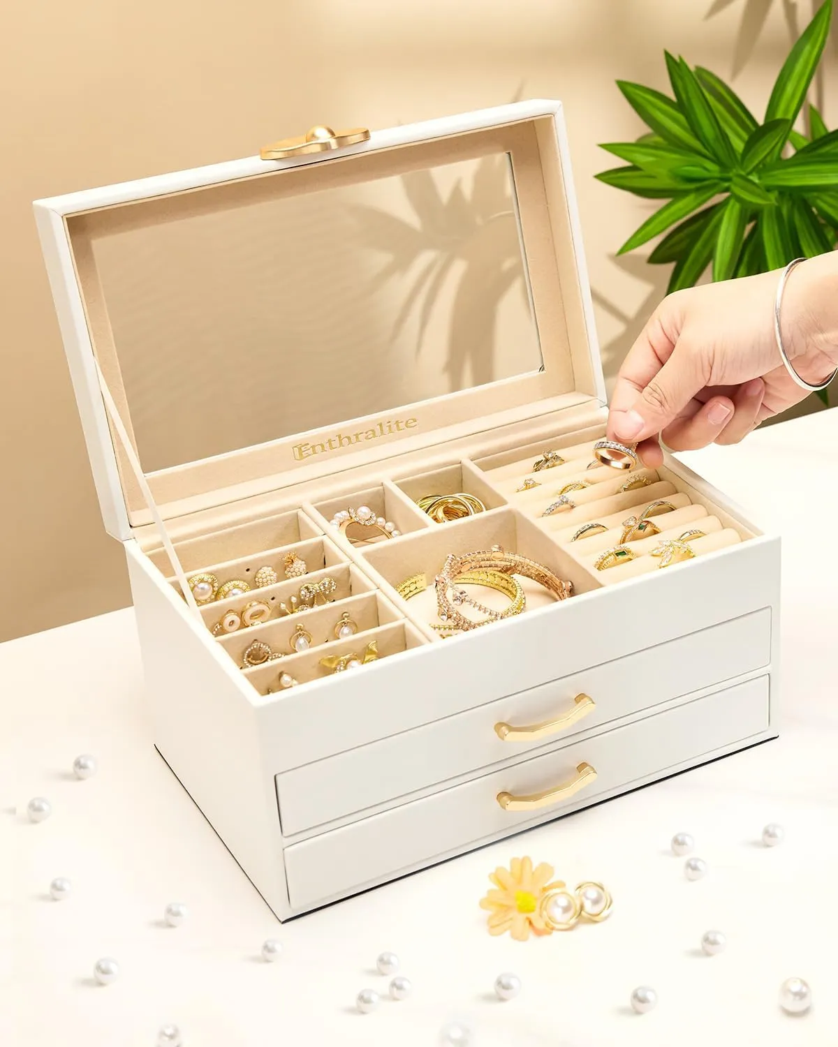 Jewelry Box with 2 Drawers: Display Organizer for Earrings Necklaces - Gift for Girls Women (White)