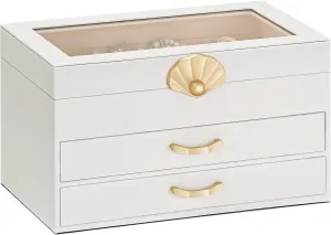 Jewelry Box with 2 Drawers: Display Organizer for Earrings Necklaces - Gift for Girls Women (White)