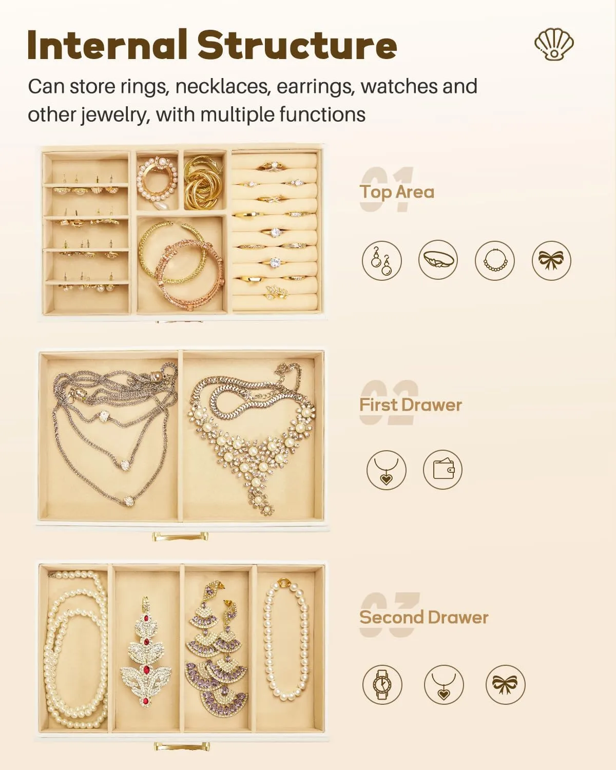 Jewelry Box with 2 Drawers: Display Organizer for Earrings Necklaces - Gift for Girls Women (White)