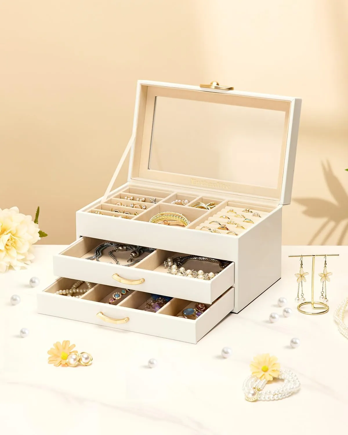 Jewelry Box with 2 Drawers: Display Organizer for Earrings Necklaces - Gift for Girls Women (White)