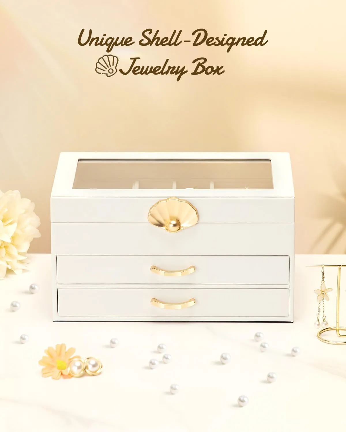 Jewelry Box with 2 Drawers: Display Organizer for Earrings Necklaces - Gift for Girls Women (White)