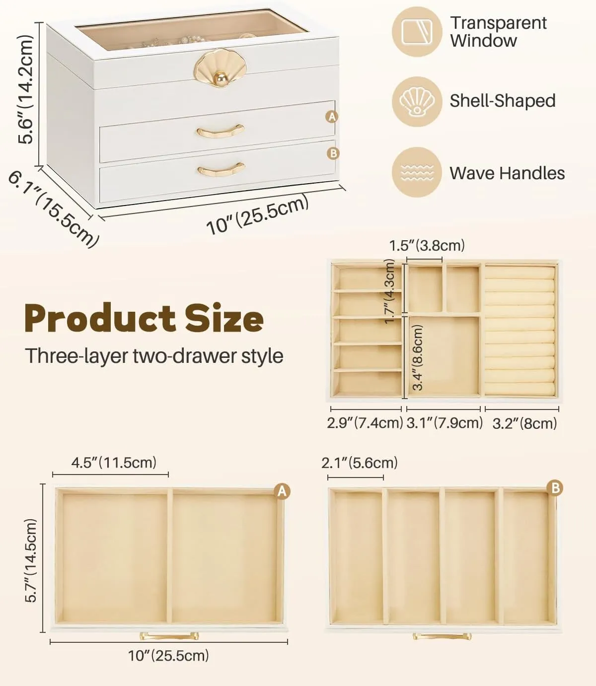 Jewelry Box with 2 Drawers: Display Organizer for Earrings Necklaces - Gift for Girls Women (White)
