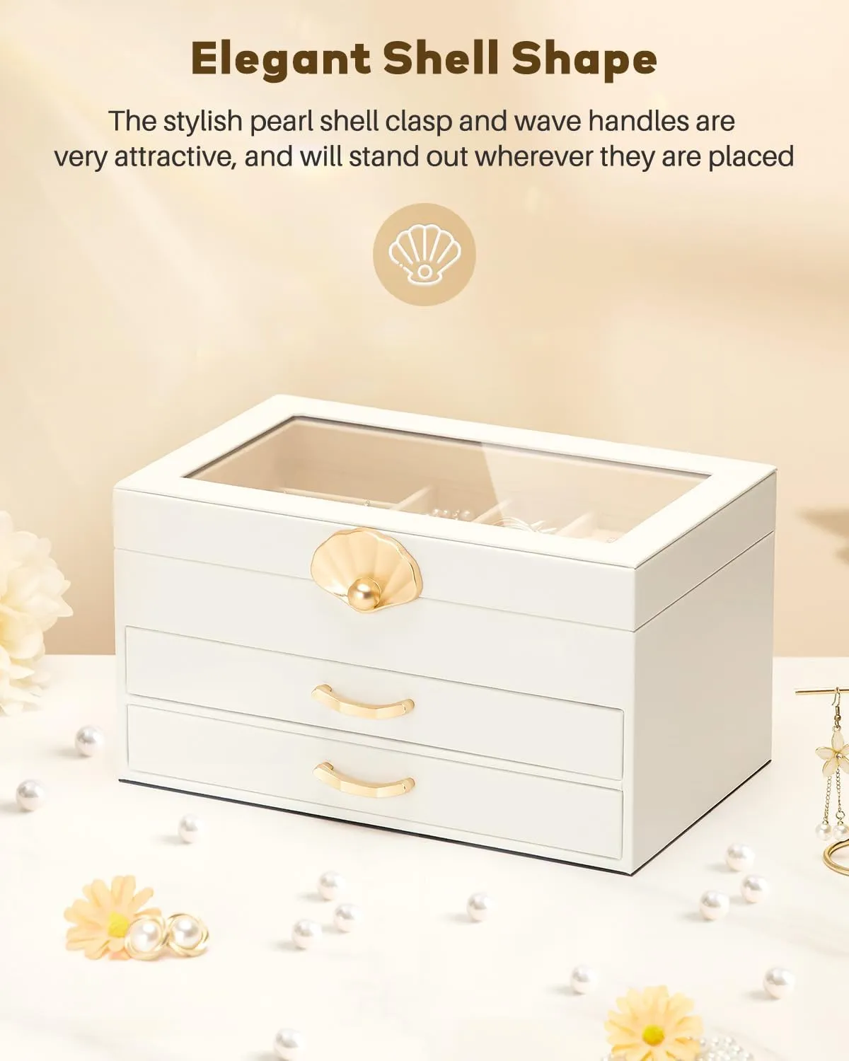Jewelry Box with 2 Drawers: Display Organizer for Earrings Necklaces - Gift for Girls Women (White)