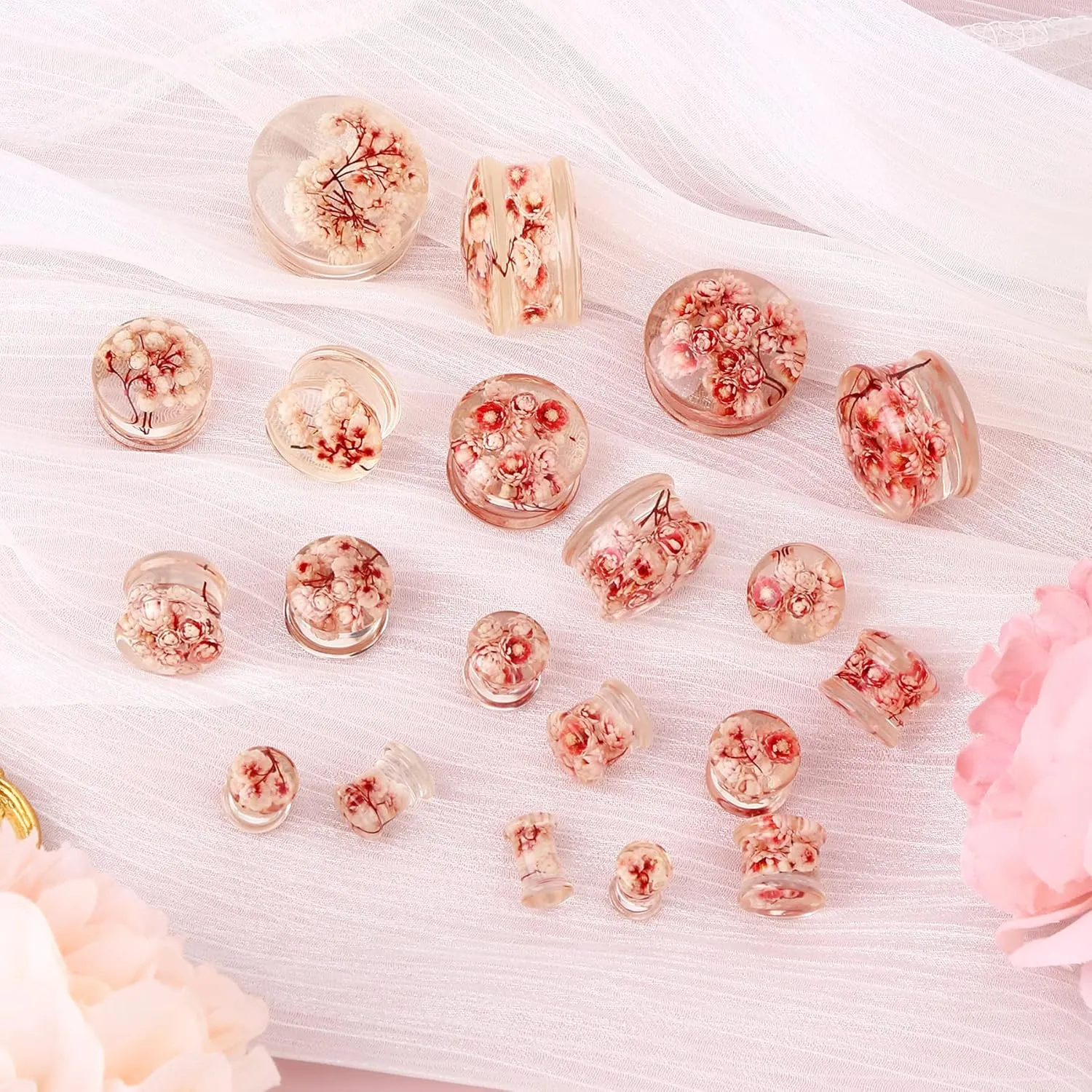 Jewseen 2Pcs Flower Ear Gauges 2g to 1'' Organic Real Flower Resin Plugs