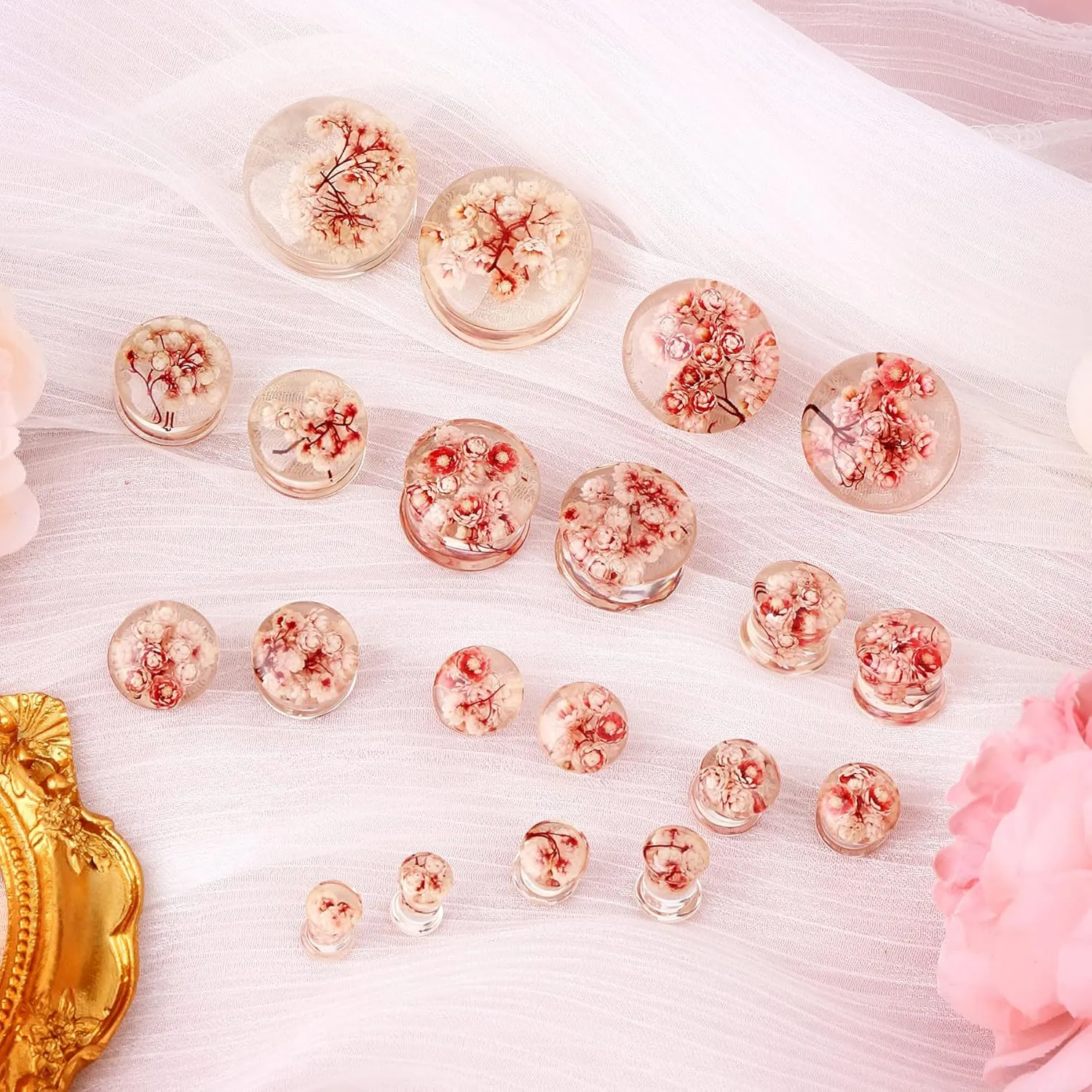 Jewseen 2Pcs Flower Ear Gauges 2g to 1'' Organic Real Flower Resin Plugs