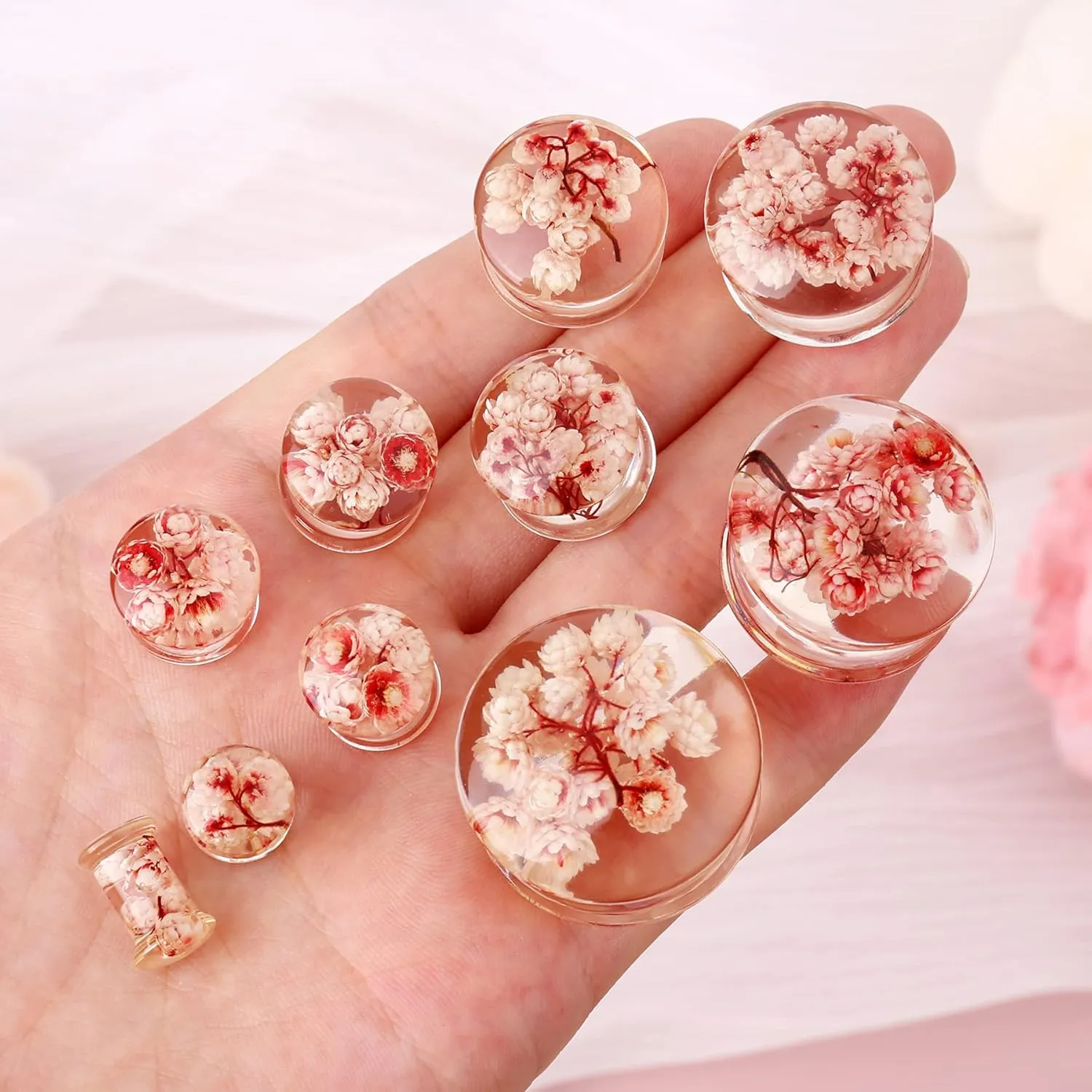 Jewseen 2Pcs Flower Ear Gauges 2g to 1'' Organic Real Flower Resin Plugs