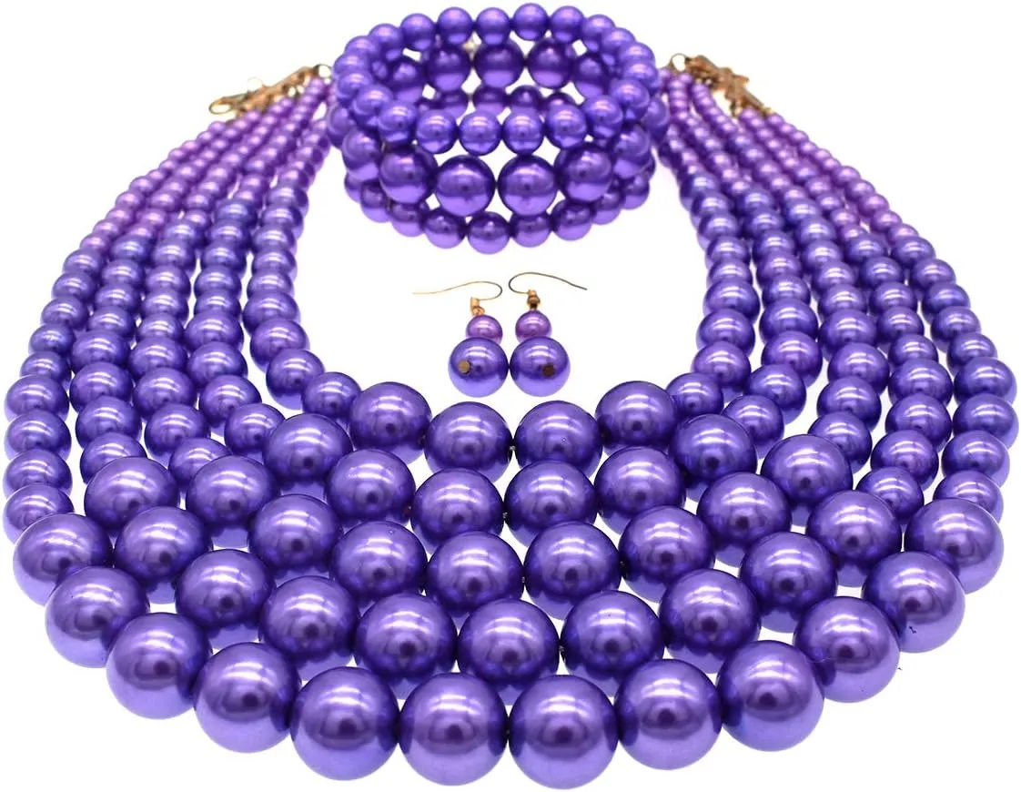 JNF Large Faux Pearl Necklaces for Women Multi strand Pearl Necklace Bracelet and Earrings Set Costume Pearls Necklace Jewelry Ladies