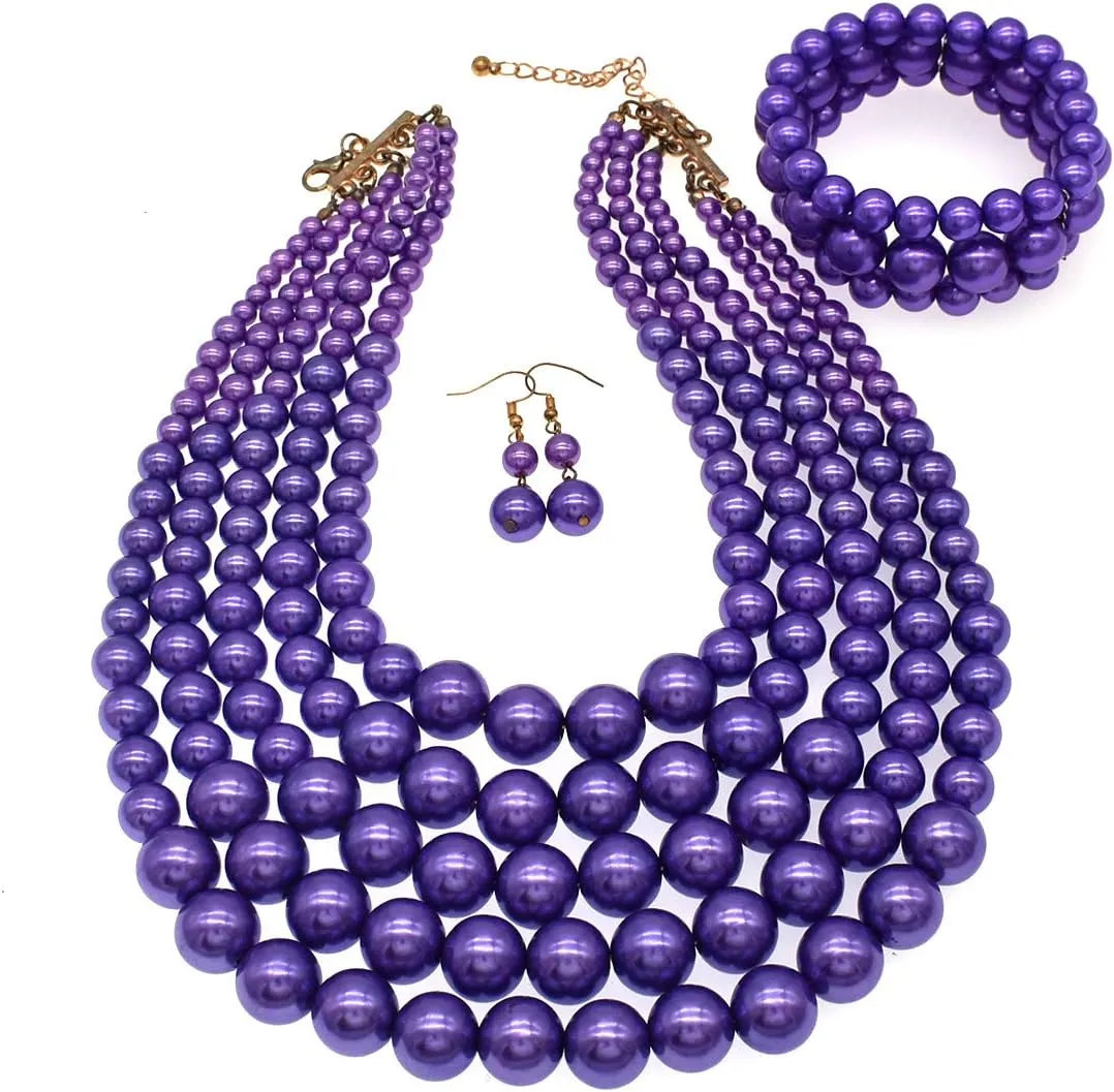 JNF Large Faux Pearl Necklaces for Women Multi strand Pearl Necklace Bracelet and Earrings Set Costume Pearls Necklace Jewelry Ladies