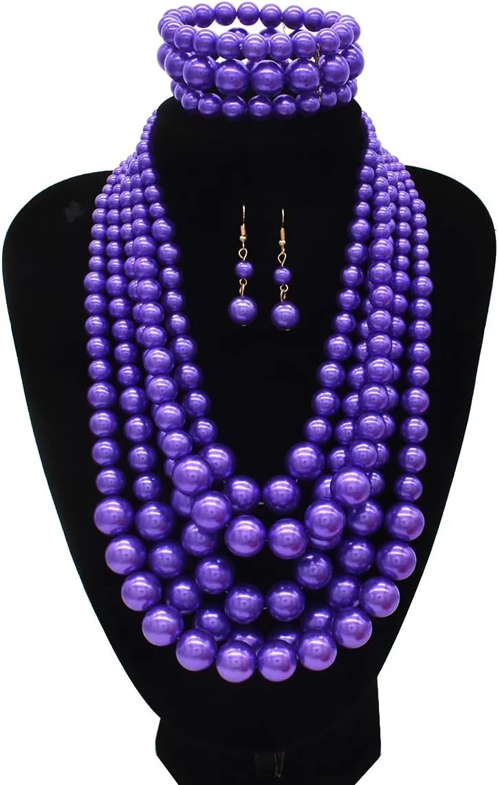JNF Large Faux Pearl Necklaces for Women Multi strand Pearl Necklace Bracelet and Earrings Set Costume Pearls Necklace Jewelry Ladies