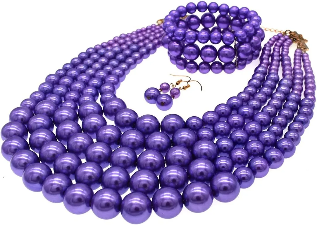 JNF Large Faux Pearl Necklaces for Women Multi strand Pearl Necklace Bracelet and Earrings Set Costume Pearls Necklace Jewelry Ladies