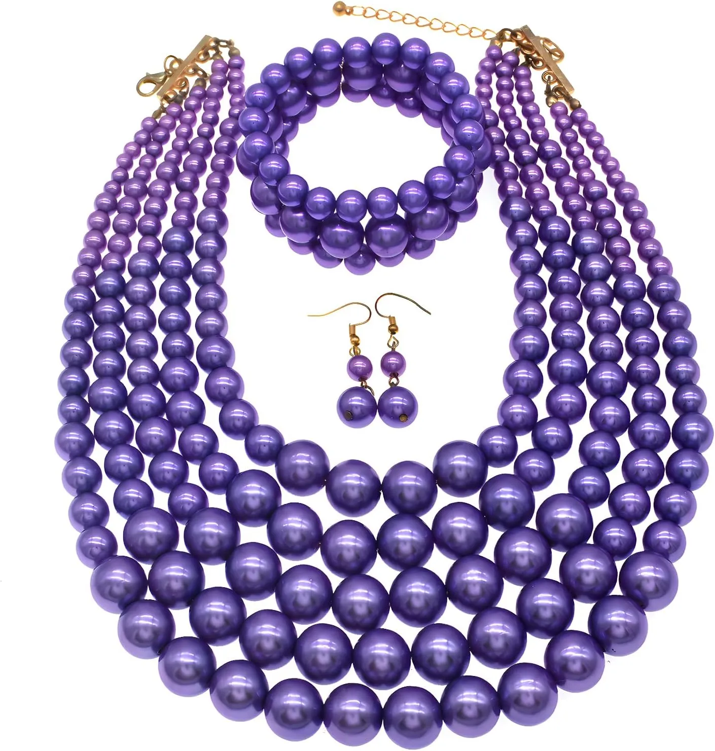 JNF Large Faux Pearl Necklaces for Women Multi strand Pearl Necklace Bracelet and Earrings Set Costume Pearls Necklace Jewelry Ladies