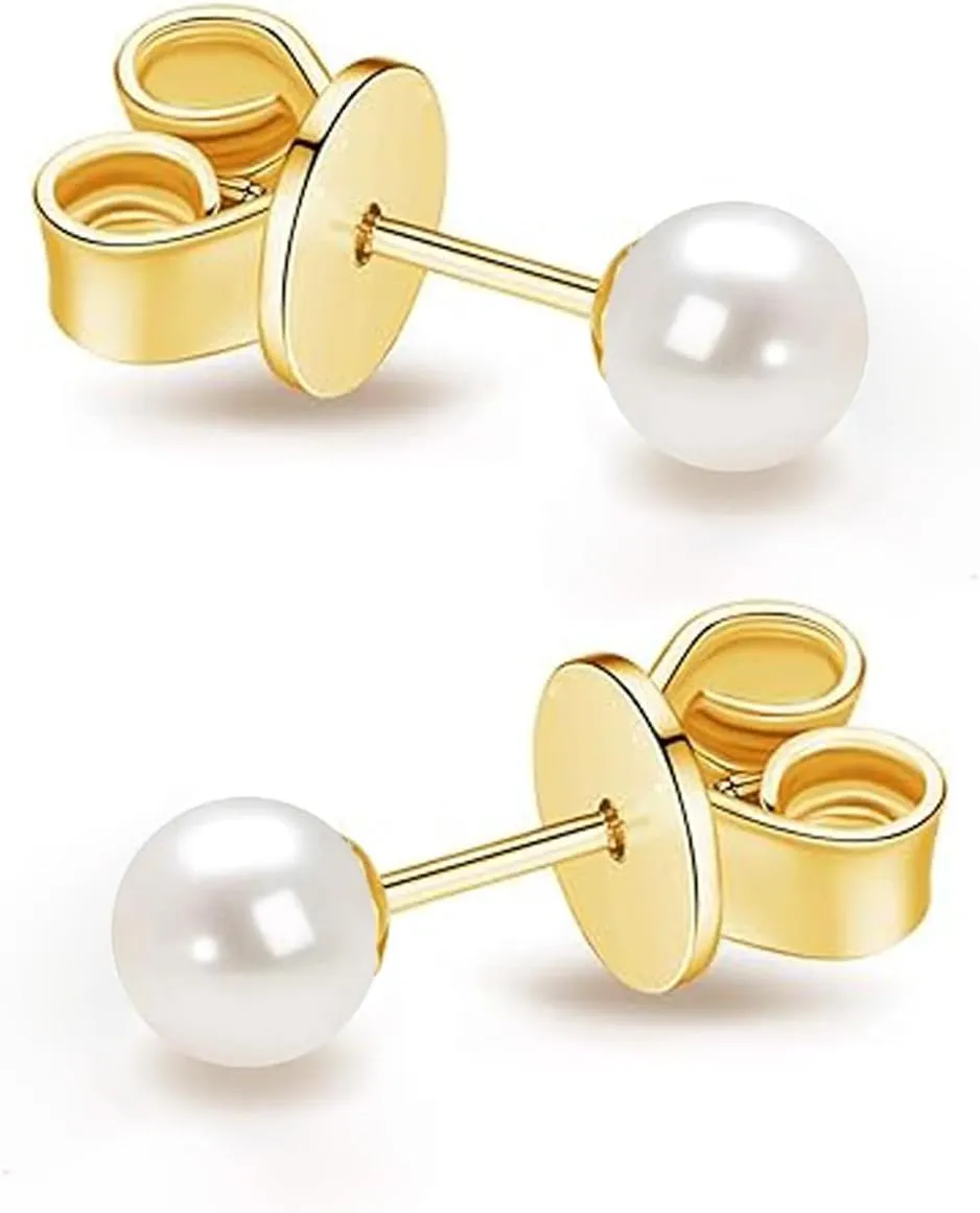 JORA 14K Gold AAA  Handpicked Round Freshwater Cultured White Pearl Stud Earrings for Women Girls
