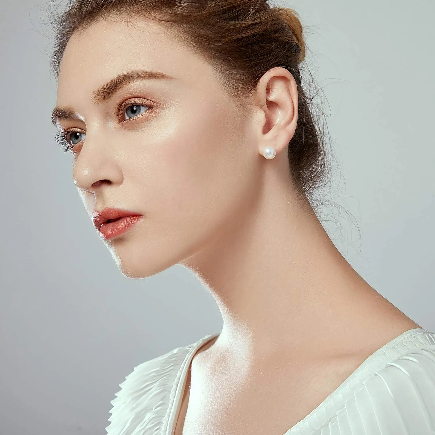 JORA 14K Gold AAA  Handpicked Round Freshwater Cultured White Pearl Stud Earrings for Women Girls